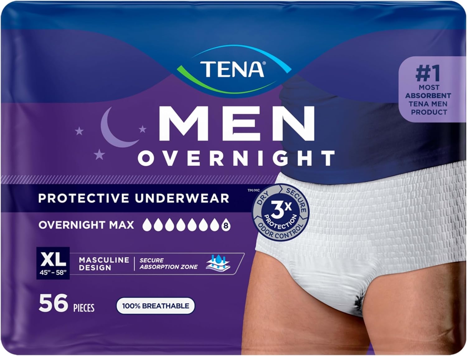 TENA Men Protective Incontinence Underwear for Men, Overnight Max, XL, 56 Count (Waist Size 45in-58in) X-Large 56