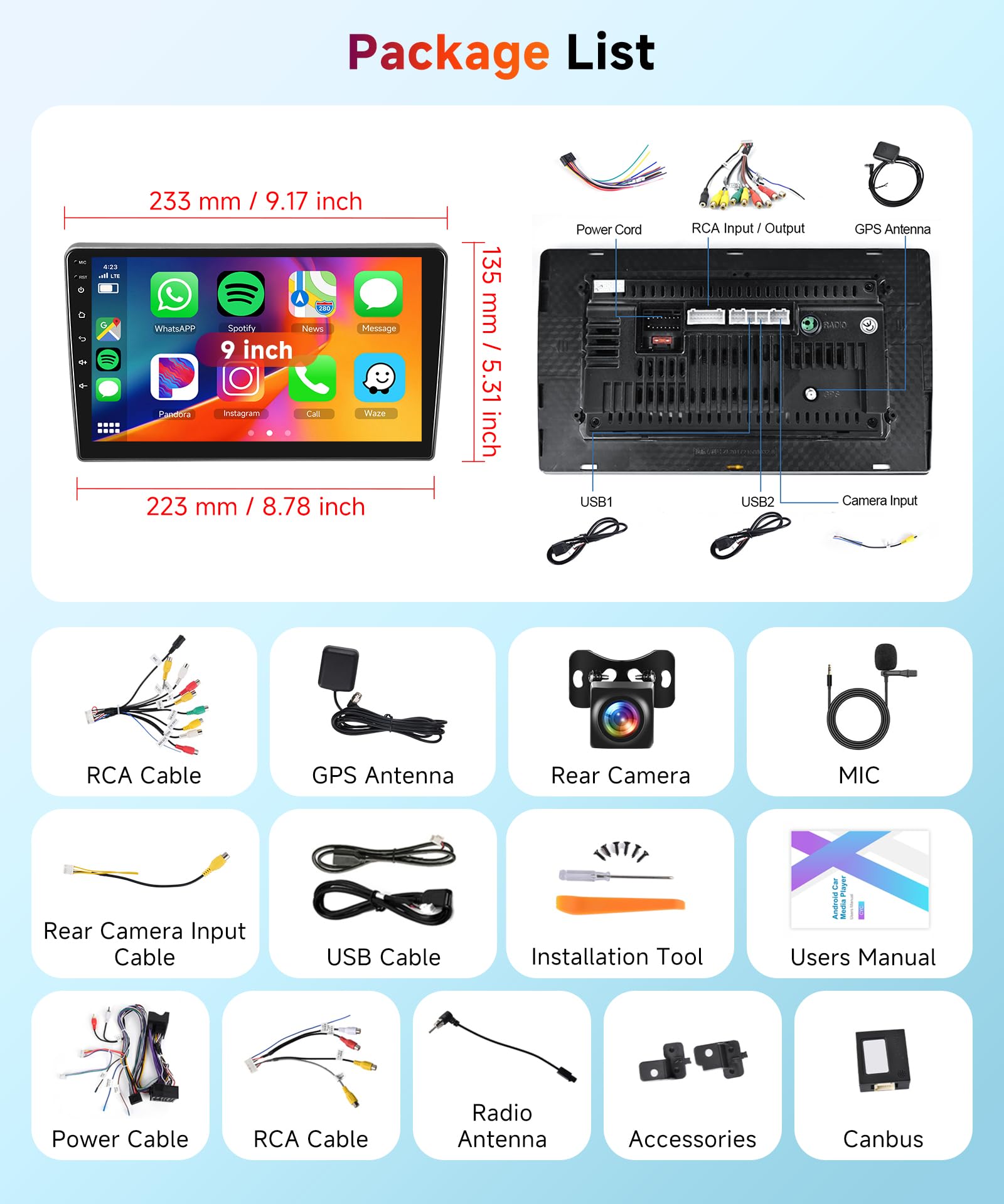 【2+64G】 Hodozzy Carplay Android Auto Autoradio pour Peugeot 407 2004-2011,9 Pouce Touchsreen Bluetooth Poste Radio Voiture avec GPS/WiFi/RDS/FM/USB+Camera de Recul