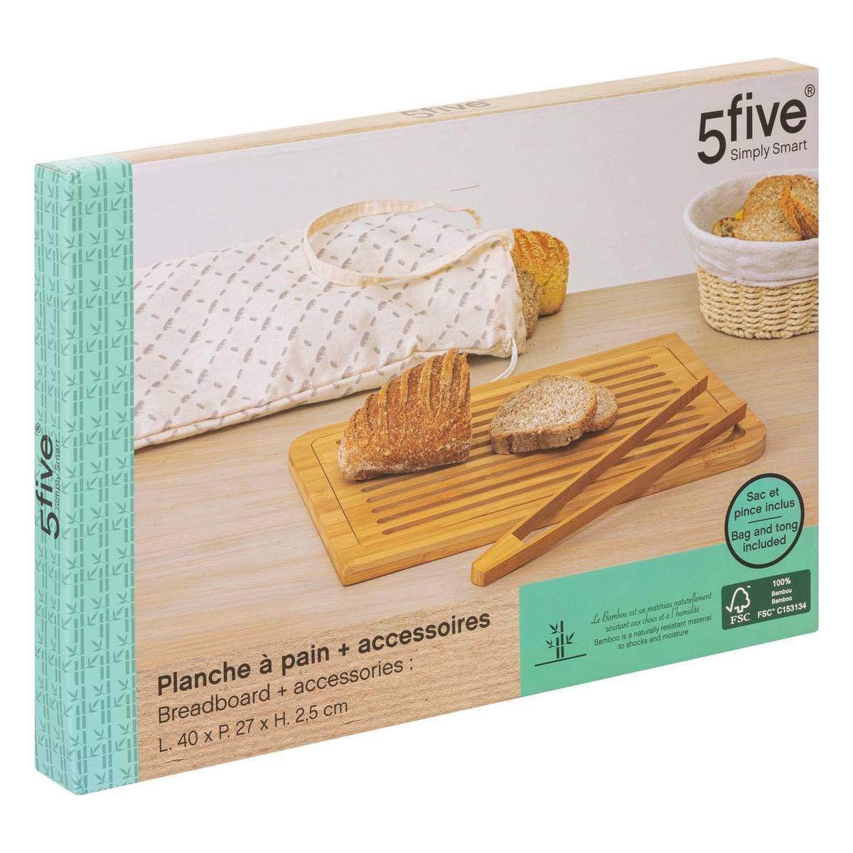 5five - tagliere per pane con accessori in bambù 40x27cm