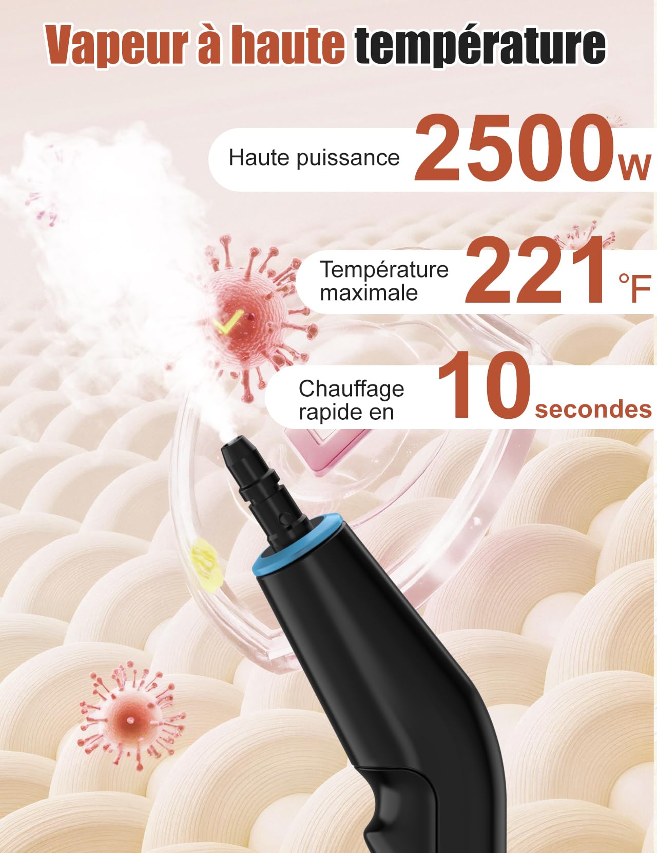 Nettoyeur à Vapeur, 2500W Nettoyeur à Vapeur Manuel Polyvalent avec 6 Vitesses Réglables et 8 Types de Buses, 1250ML Portable Haute Pression pour Maison et Voiture