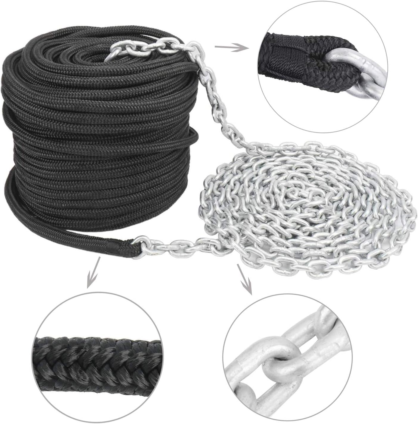 NovelBee 3/8 Inch x 100 Feet Double Braid Nylon Rope with 1/4 Inch x 15 Feet Galvanized Chain for Boat Anchor Rope and Dock Line