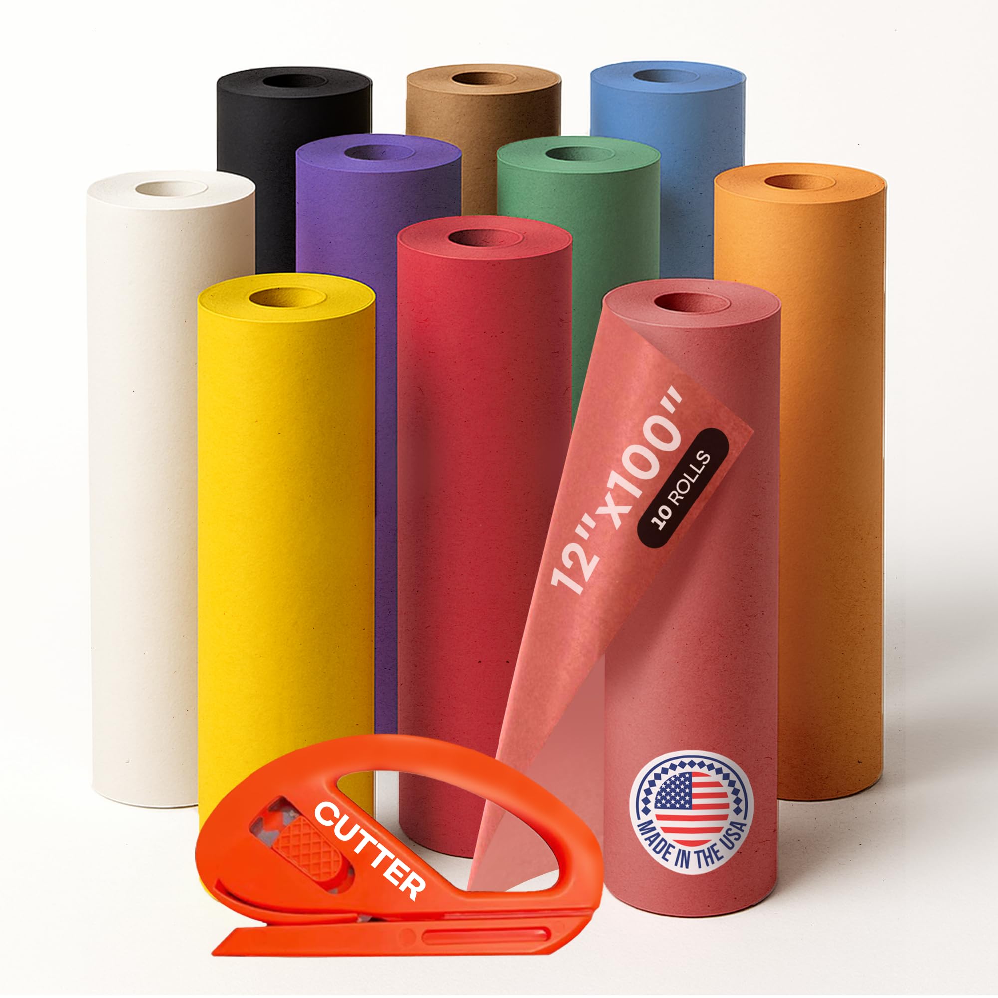 Assorted Colors Kraft Paper with Cutter, Set of 10 Rolls 12"x1200" (100 ft)