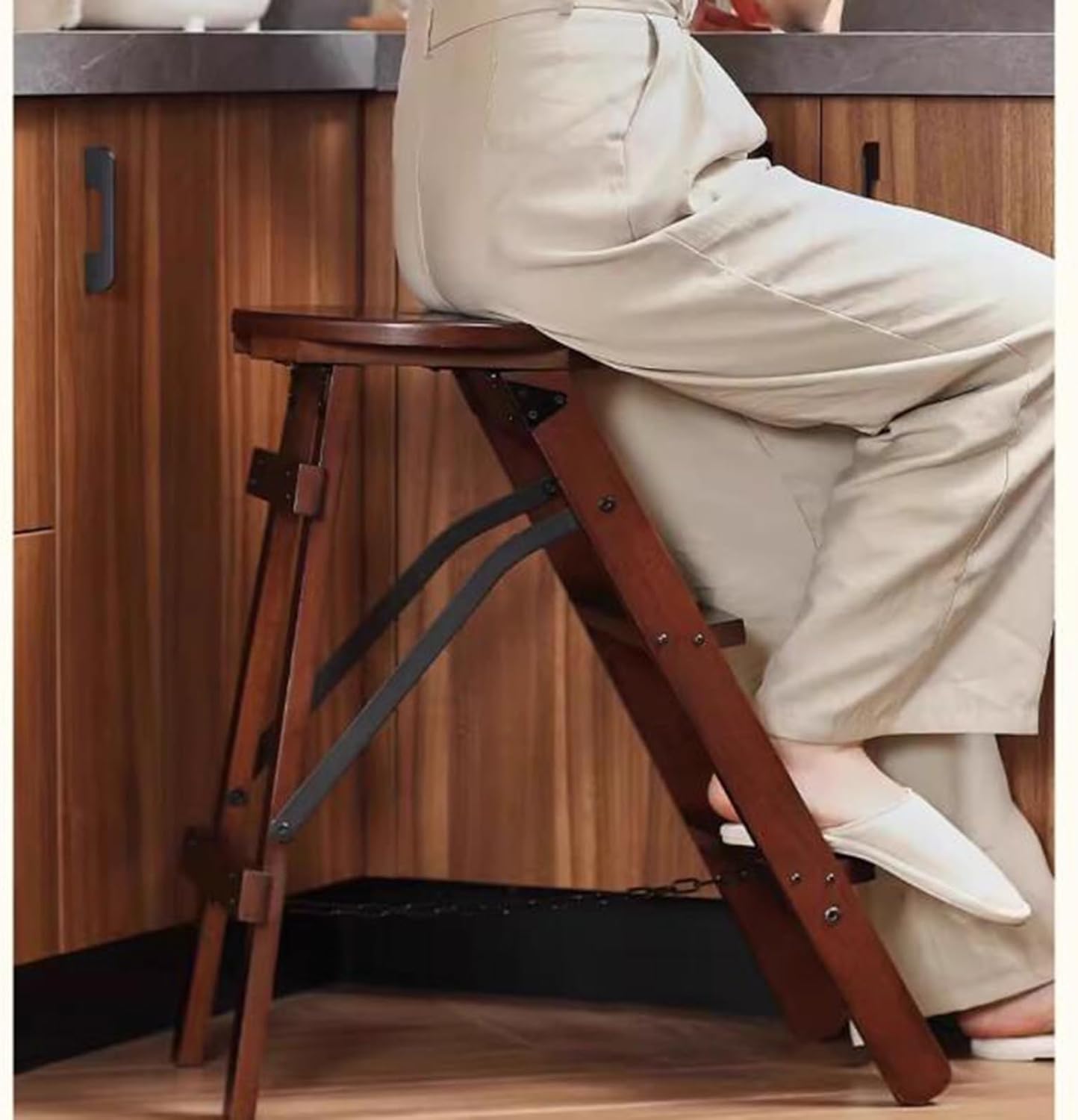 Stepstools Stable Multifunctional Step Stool Dual-Purpose Household Ladder and Stool Three-Step Climbing Folding Ladder Shop Office Tools Step Stool (Color : BrownB, Size : 35.5 * 57 * 64cm)