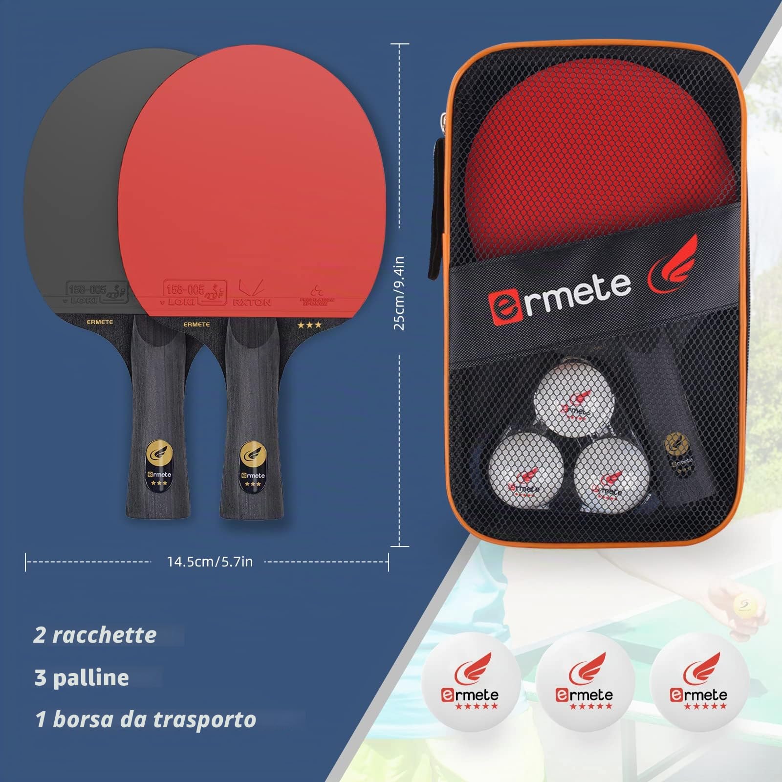 Set da ping pong, 2 racchette da ping pong professionisti, 3 palline da ping pong e borsa per il trasporto, ideale per principianti, famiglie e professionisti