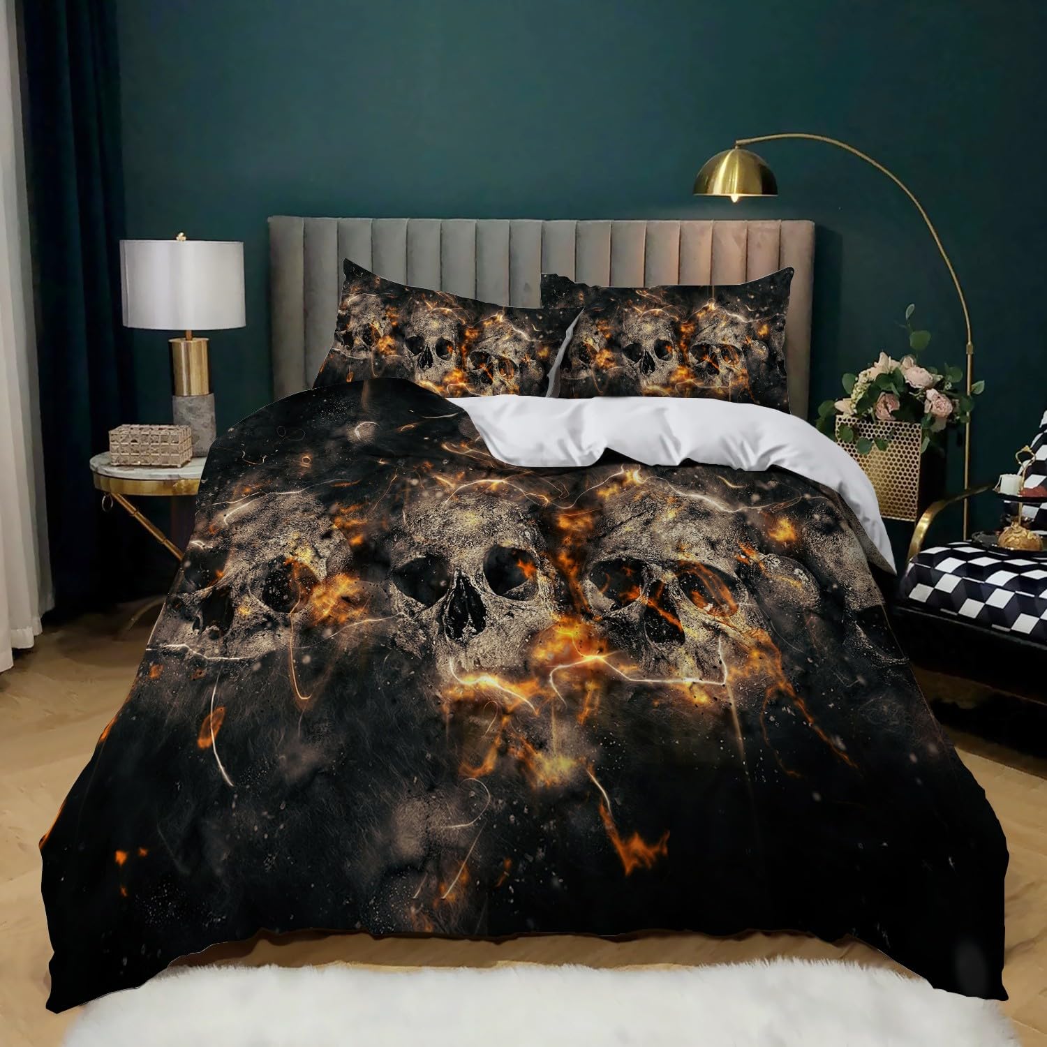 Housse de Couette 240x260 Flame Skull avec taies d'oreiller pour lit d'enfant et ado