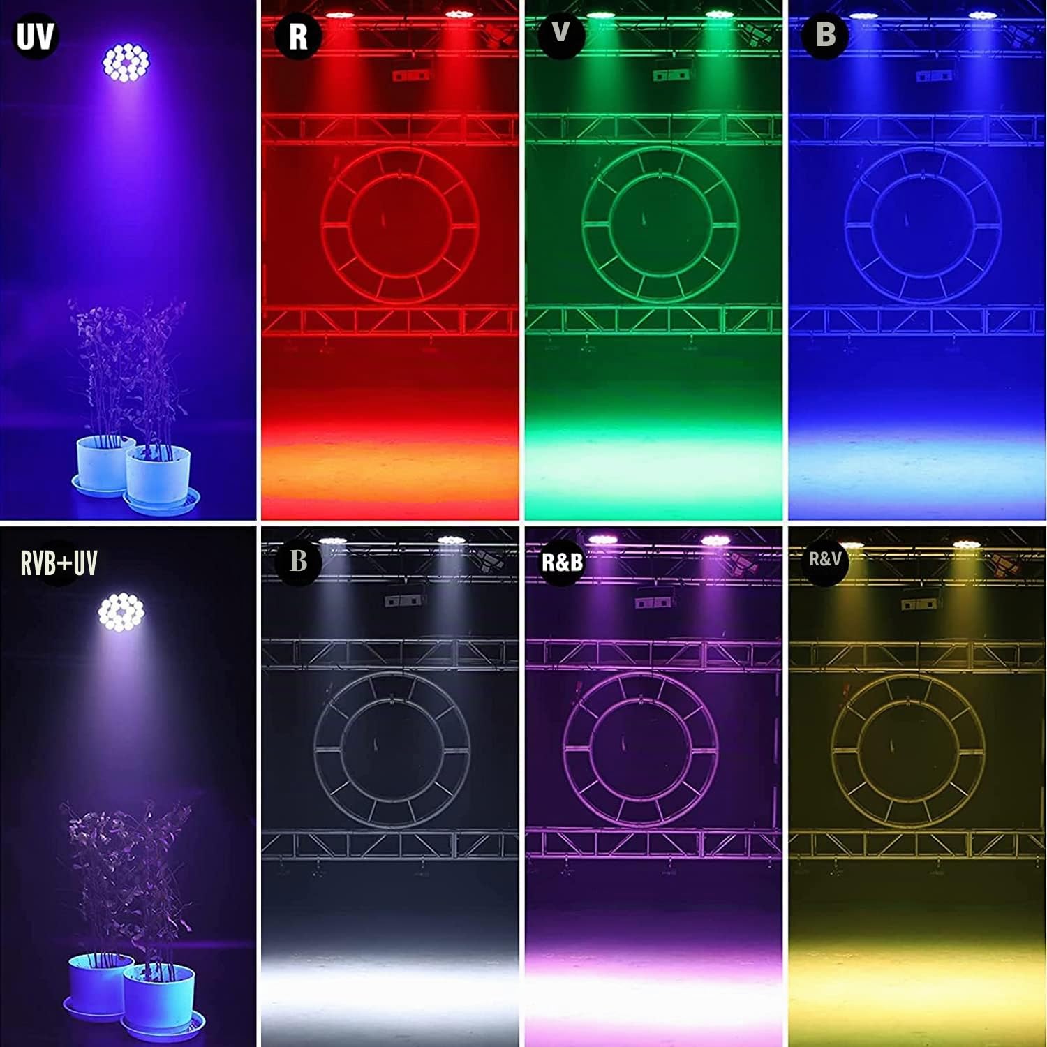 4 pièces 200W LED Par DJ Projecteur RGB UV noire lumière disco DMX512/ Aotu/son activé Éclairage de scène pour Fête DJ Bar Noël Halloween Mariage（Expédition depuis l'allemand）