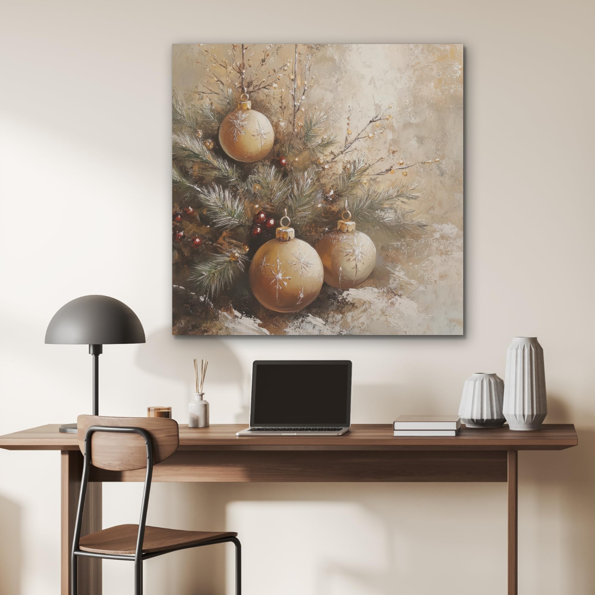 MuchoWow© Bilder aus Filz 90x90 cm Wohnzimmer Deko Modern Wandbild Kunstdruck Bild Schlafzimmer über Bett Room Decor Geschenke Weihnachten - Weihnachtskugeln - Beige - Gold