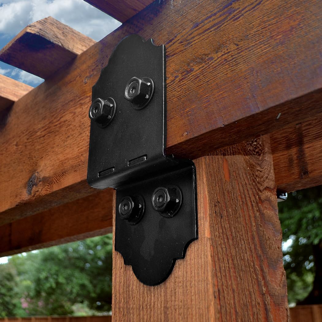 OZCO Laredo Sunset 6" Post to Beam Connector Heavy Duty Black Powder-Coated Steel Bracket for Wood Posts, Outdoor Beam Braces, Corner Brackets, Angle Brackets for Wood and Aluminum, 2-Pack, 56635