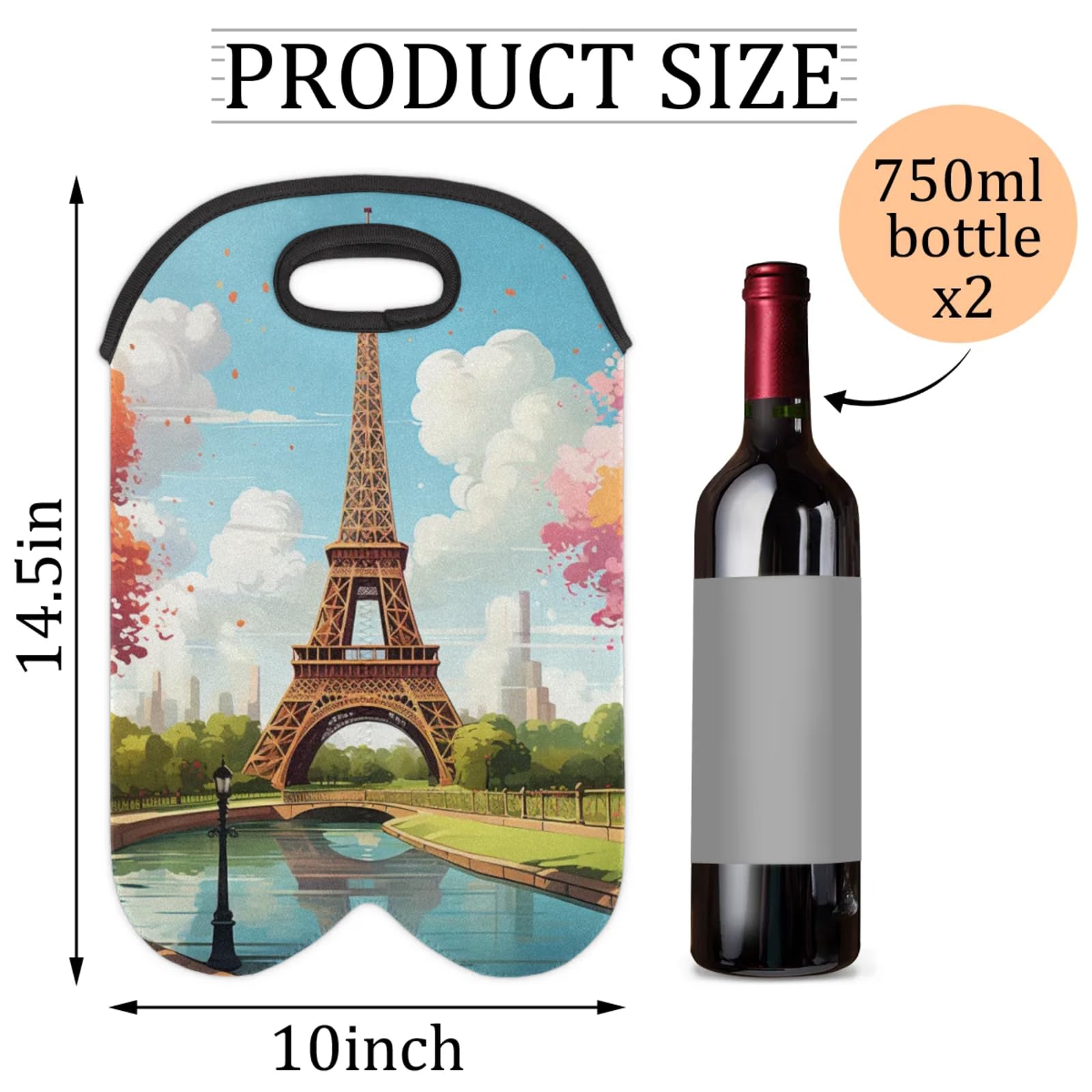 GzLeyigou 2 Bottles Eiffel Tower Scene Wine Bag Sleeve Totes Neoprene Protective Wine Carrier Bag for Wine,Water, Champagne, Beer, Baby Bottles,Gift 14.5 x 10 Inches