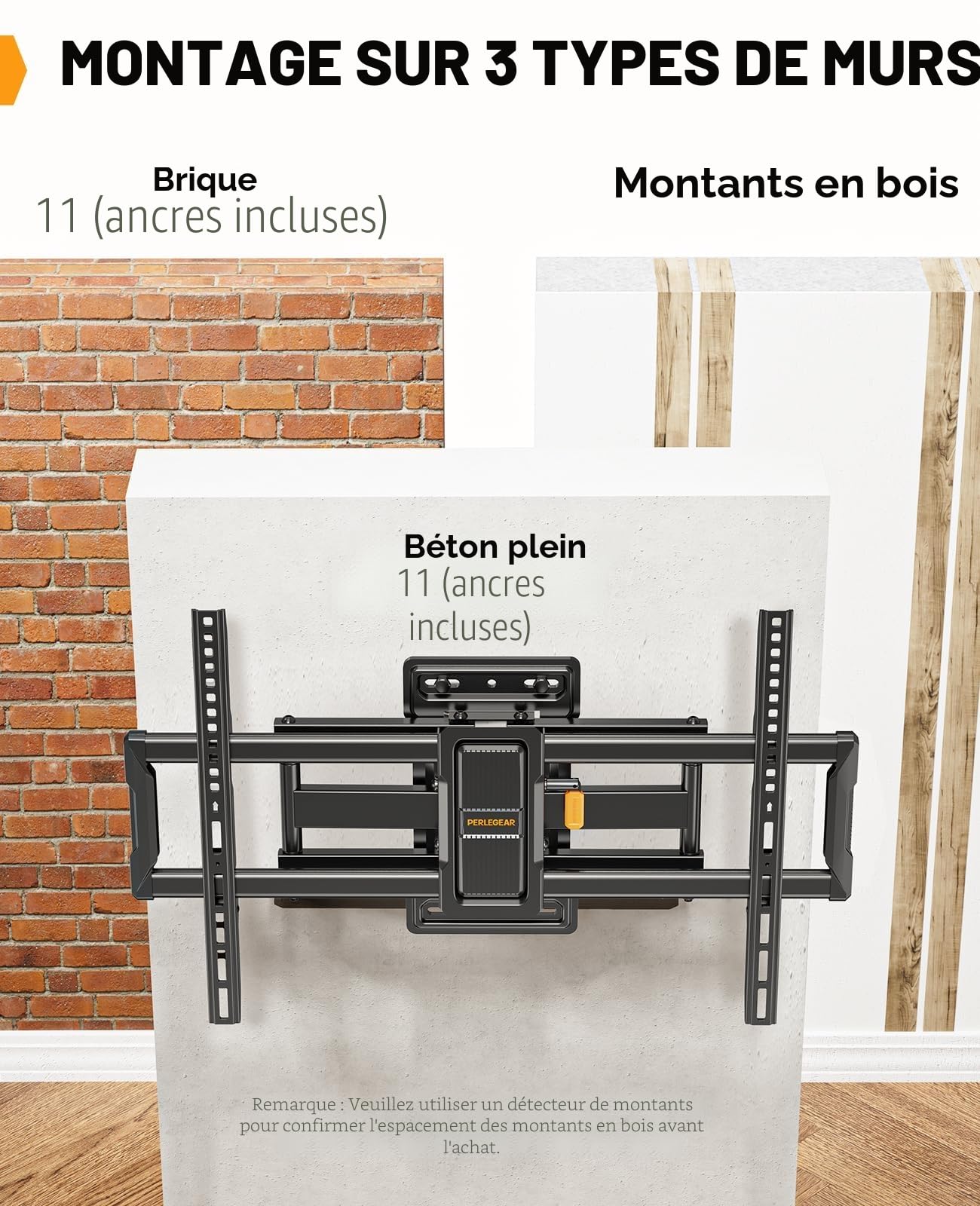Perlegear Support Mural TV Orientable pour écrans 42-86 Pouces Jusqu'à 60 kg, Bras Television Mural Mouvement pour écrans Plats/Courbés, Inclinaison sans Outil, Max. VESA 600 x 400mm