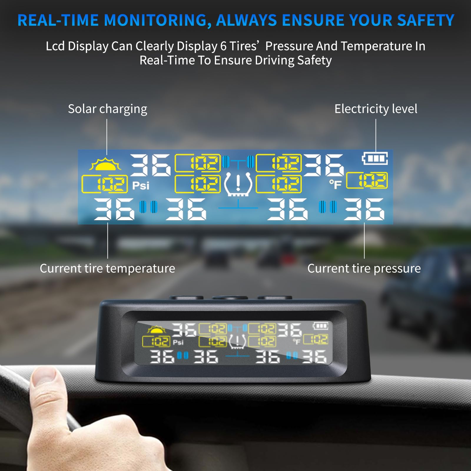 KAOLALI Sistema di monitoraggio della pressione dei pneumatici, supporto 6 ruote, monitor della pressione dei pneumatici con display digitale, 9,9 bar/144 PSI Max, ricarica solare e USB, per camion