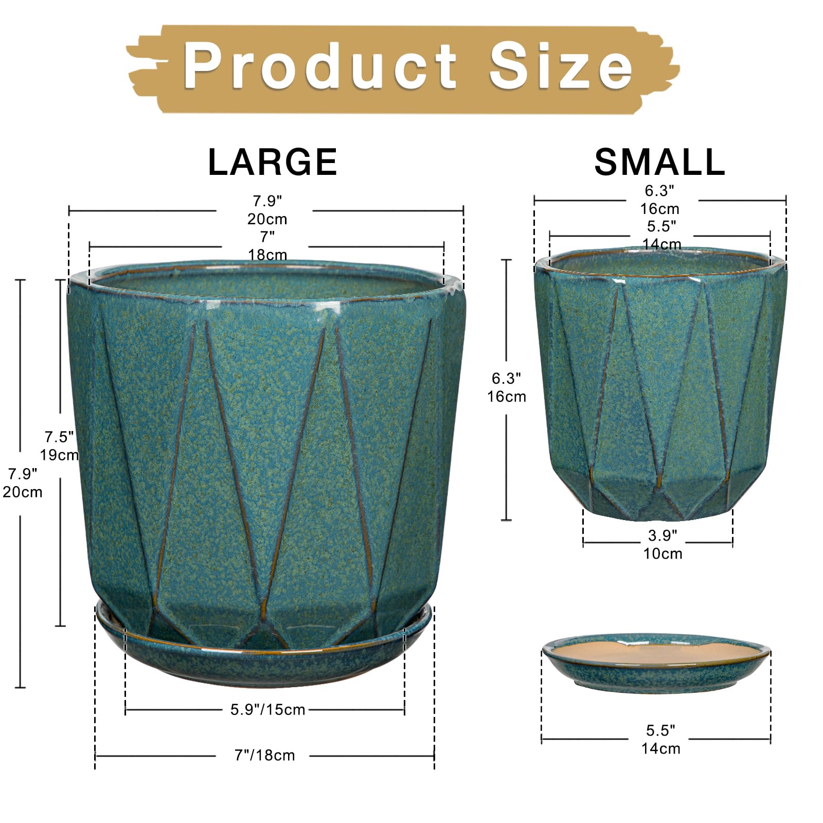 Oairse Pots de fleurs en céramique avec trous de drainage et soucoupes pour plantes d'intérieur et d'extérieur, 20 + 15 cm, vert