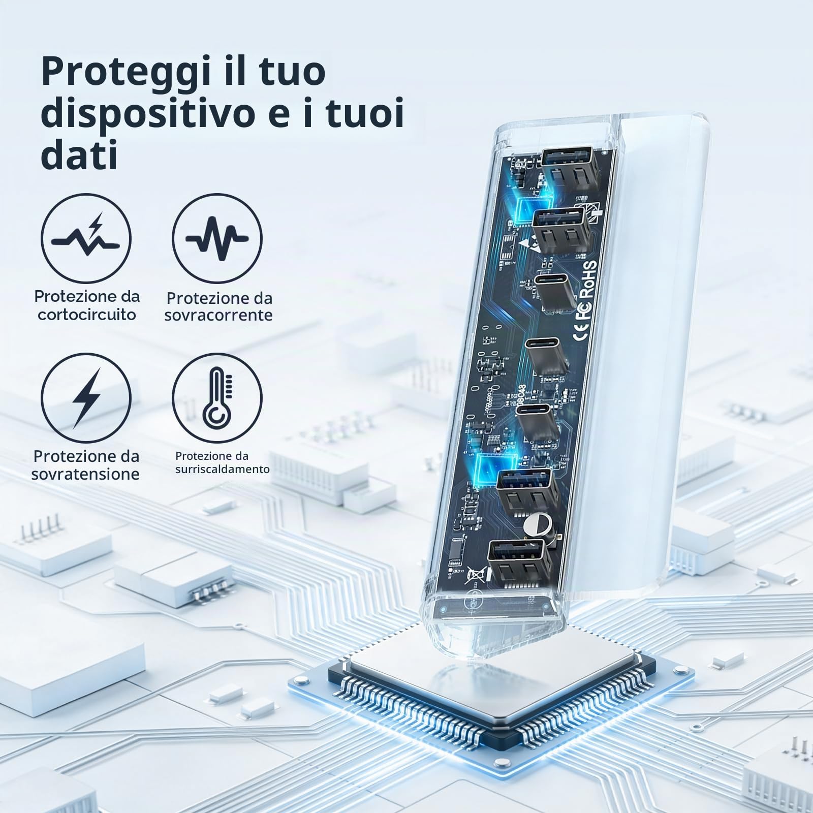Hub USB C a 7 porte con alimentatore, USB 3.2 Gen 2, 10 Gbit/s ad hub, splitter di prolunga in alluminio con alimentatore da 5 V 3 A, 3 porte USB C e 4 porte USB-A, supporta la ricarica BC1.2