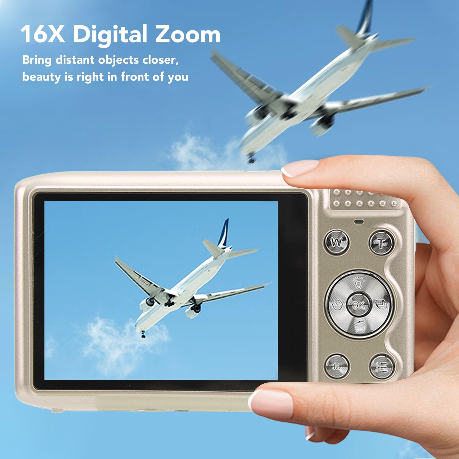 Fotocamera Digitale, 4K HD 58MP Zoom 16X Macro Focale Fissa Schermo da 2,88 Pollici Videocamere per Fotografia Temporizzata, con Cinturino, per Varie Scene (GOLD)