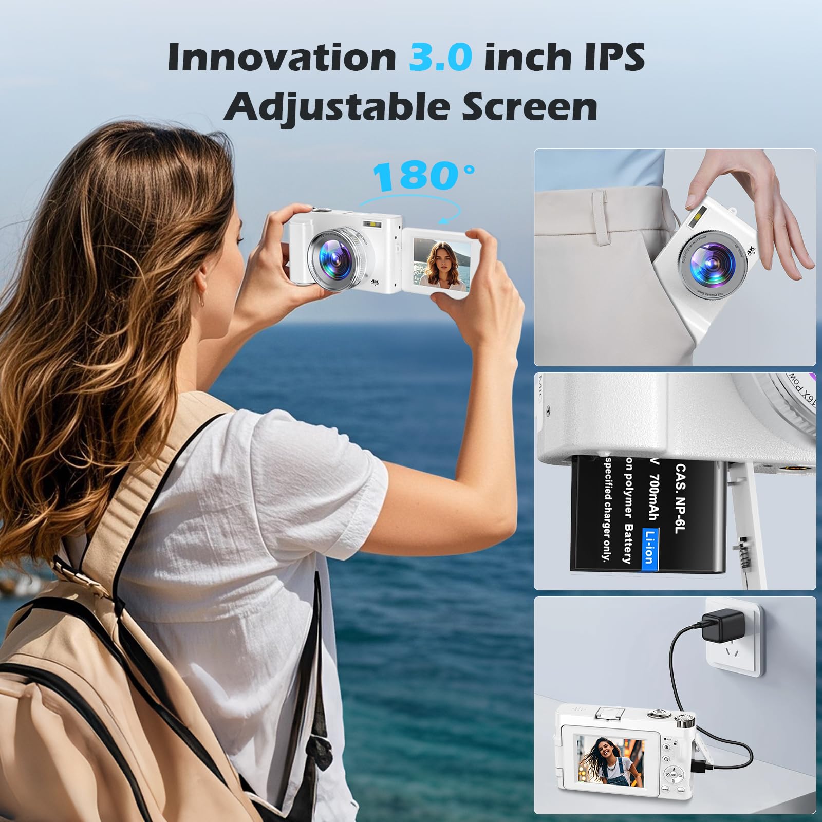 Cámara digital 4K de 48 MP, autofocus, compacta con tarjeta de 32 GB, pantalla abatible de 3 pulgadas y 180°, zoom digital de 16 x con 2 pilas para principiantes (blanco) | Autofocus, 3 pulgadas, 180°, cámara compacta con zoom digital 16X, cámara compacta