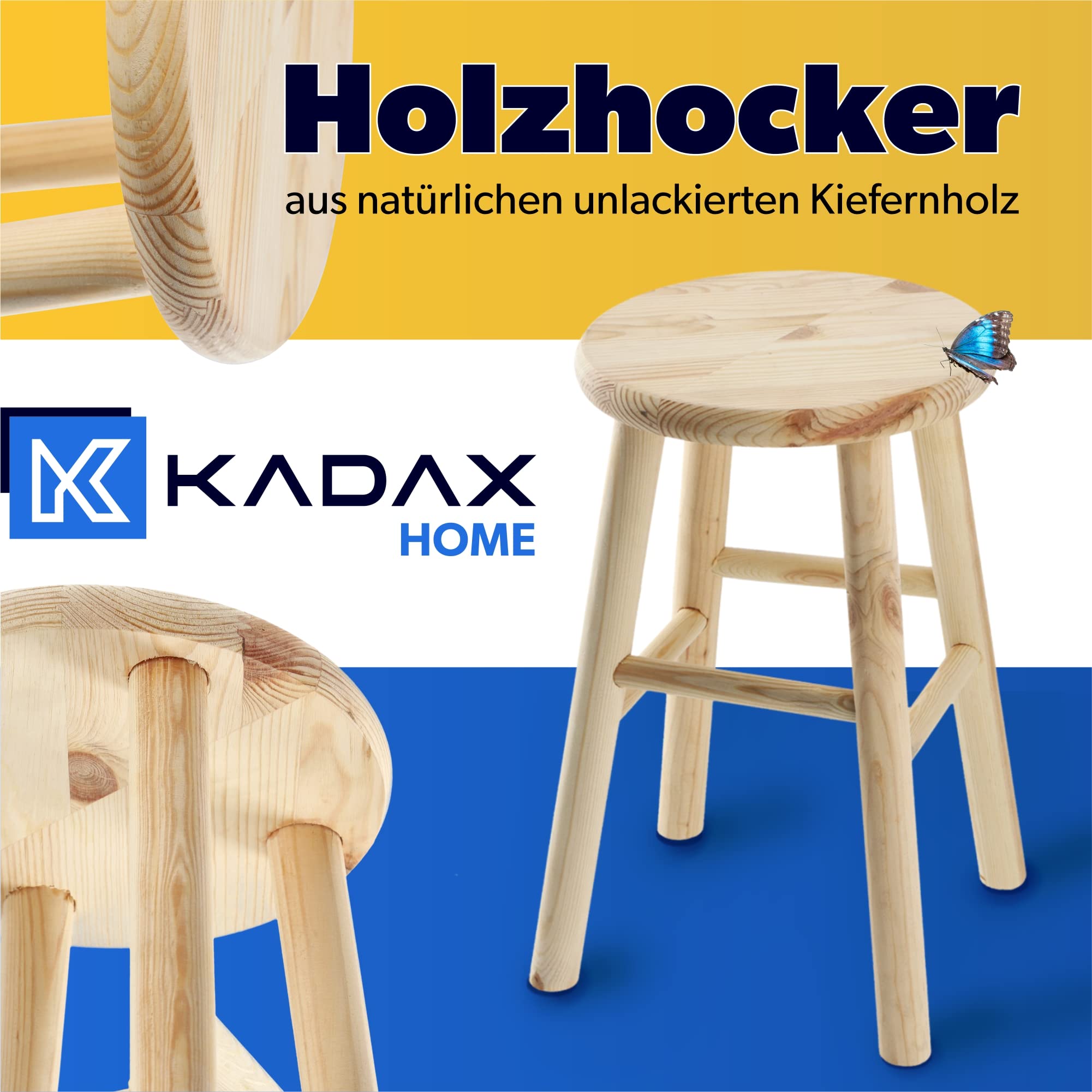 KADAX Tabouret en Bois de Pin Naturel, Élégante Chaise pour Ajouter Une Touche de Charme Rustique à Votre Décoration Intérieure (Rond)