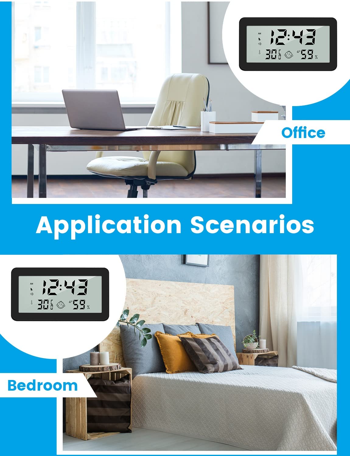 Higrómetro Termómetro Interior con Reloj, Monitor Digital de Temperatura y Humedad con Pantalla Confort, Retroiluminación, Interruptor ℃/℉, Función de Memoria