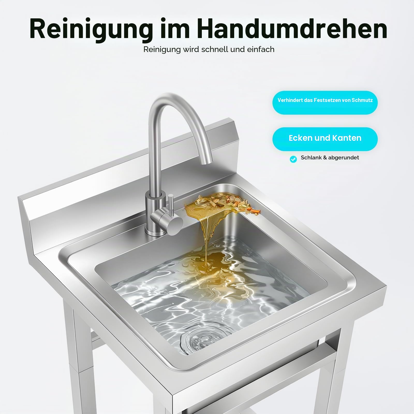 Edelstahl Küchenspüle, 50x50x93cm Profi Spültisch Gewerbliche Freistehend Spüle Multifunktionswaschtisch Singleküche Mobile Deluxe Spültisch Camping Waschbecken für Küche Wäsche Garage Garten Bar