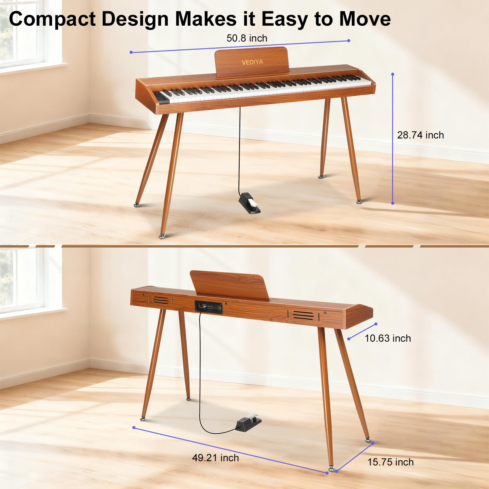 Digital Piano Keyboard 88 key,Semi-Weighted Electric Piano,Full Size Acoustic Piano for Beginners with Pedal, USB-MIDI Compatibility (Brown)