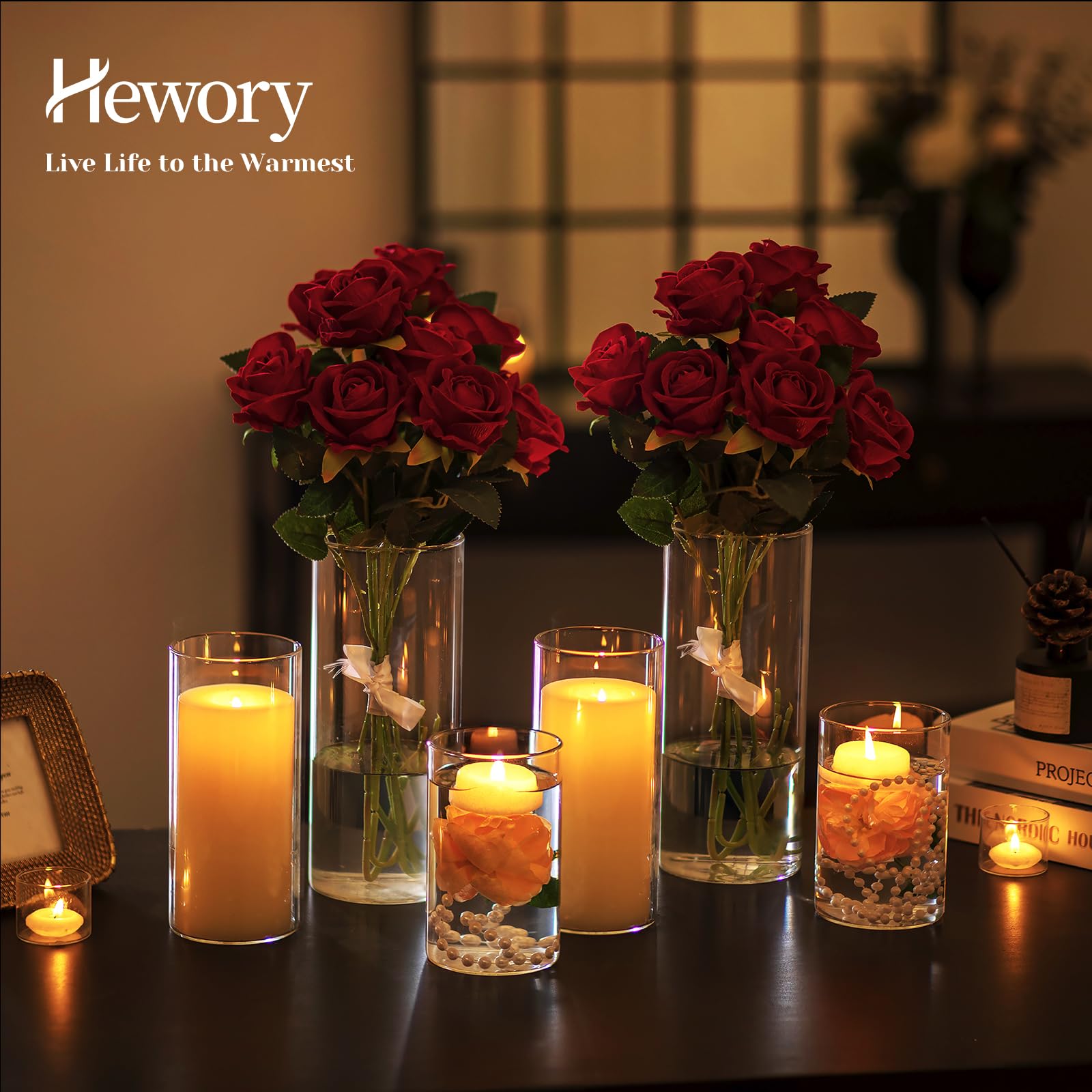 Hewory Portacandele in vetro per decorazione da tavolo: set da 6 vasi in vetro cilindro, grandi portacandele per decorazioni di nozze, portacandele in vetro spesso 3 mm, cilindri in vetro per candele