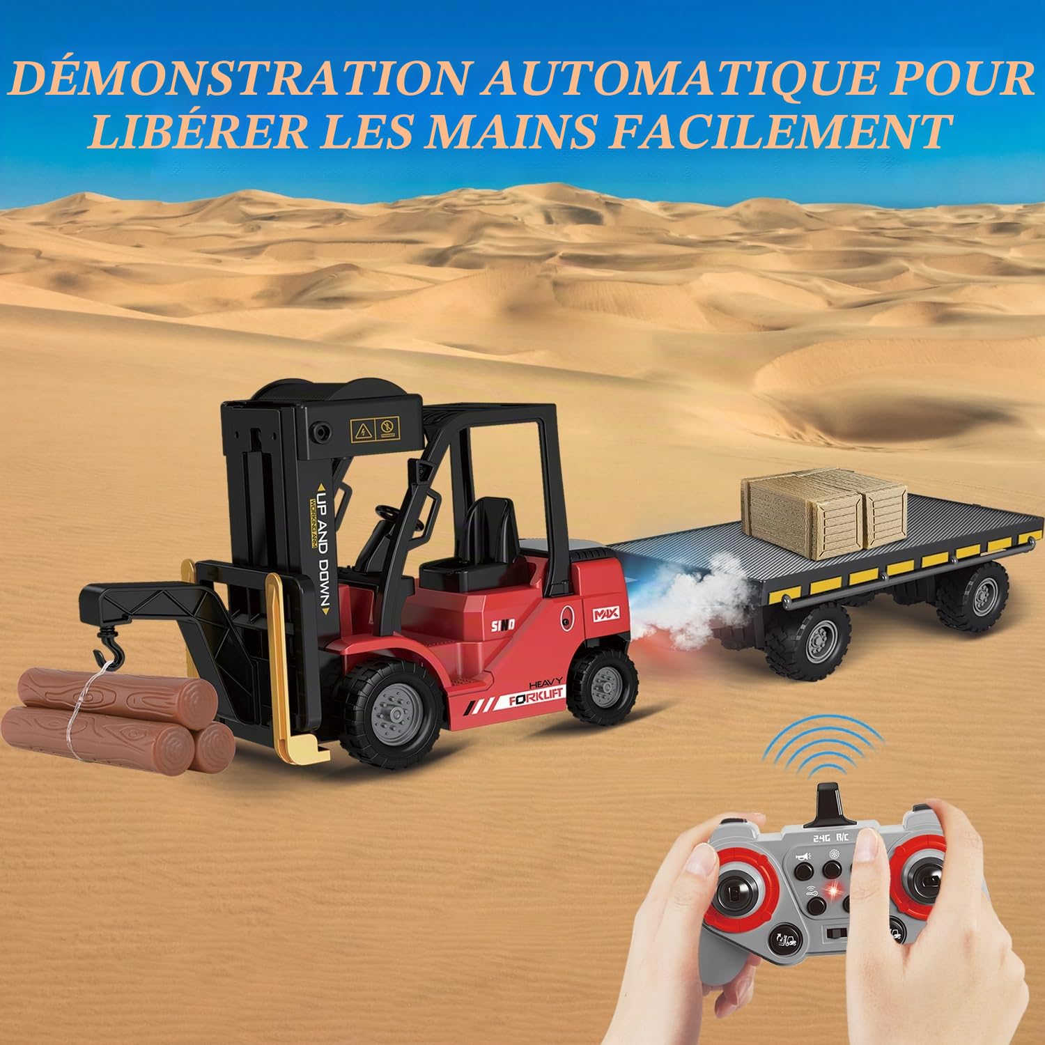 Mostop Chariot élévateur RC, jouet de construction 1/24, avec boîtes/son et spray lumineux, deux batteries rechargeables et chargeur