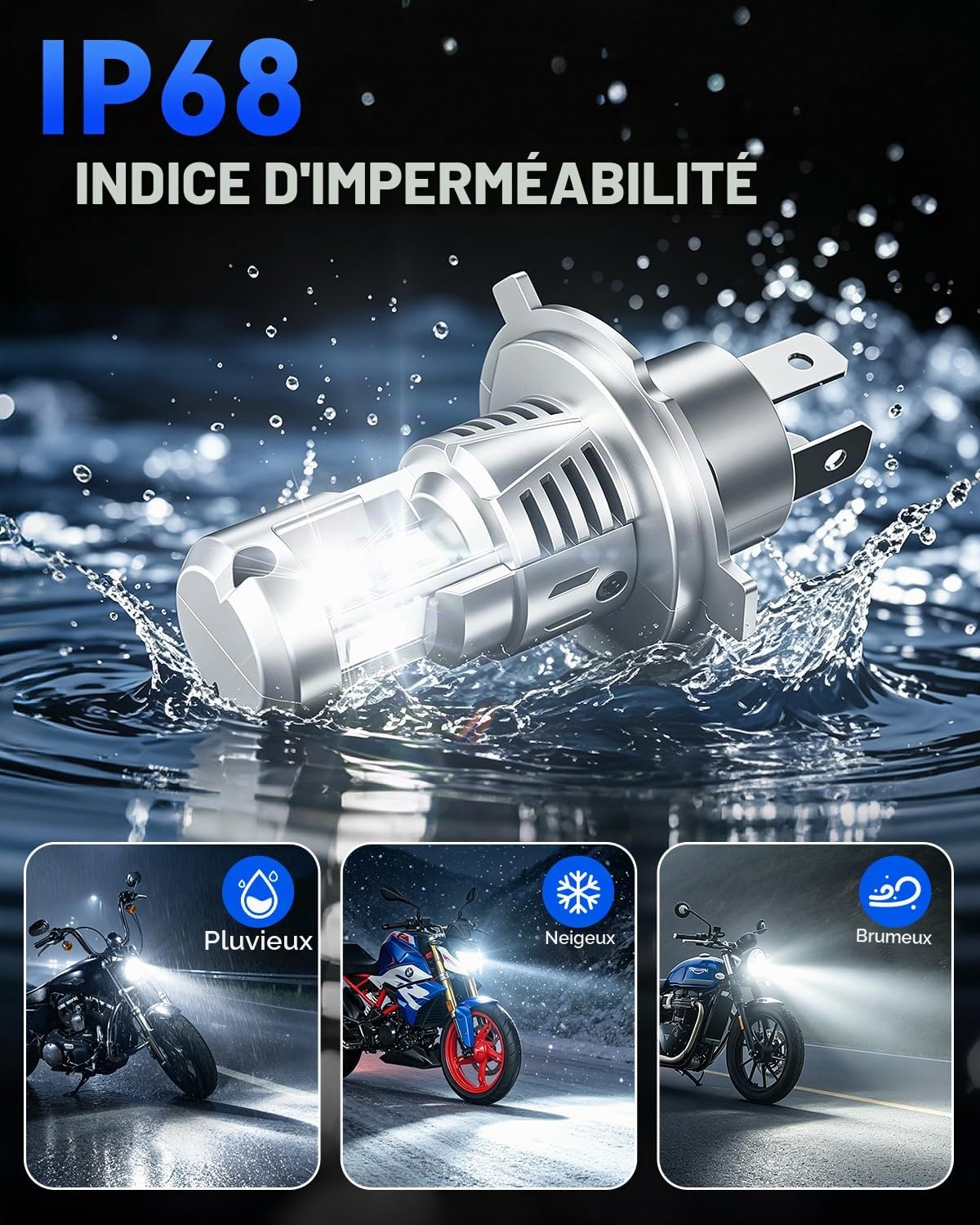 SUPAREE Lampe Moto LED H4 Ampoule Phare Moto LED H4 Ampoule led moto DC10-60V Éclairage à 3 Faces Feux de Route/Croisement 30000LM 6500K 80W avec Ventilateur 1:1 Plug n Play Sans Erreur 1Pc
