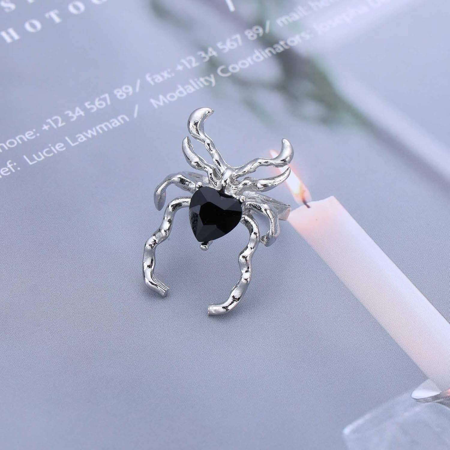 Crystal Spider Rings Silver Spider Finger Rings Black Gem Spider Rings Adjustable Spider Open Rings Gothic Spider Knuckle Ring Halloween Spider Statement Ring - Image 3