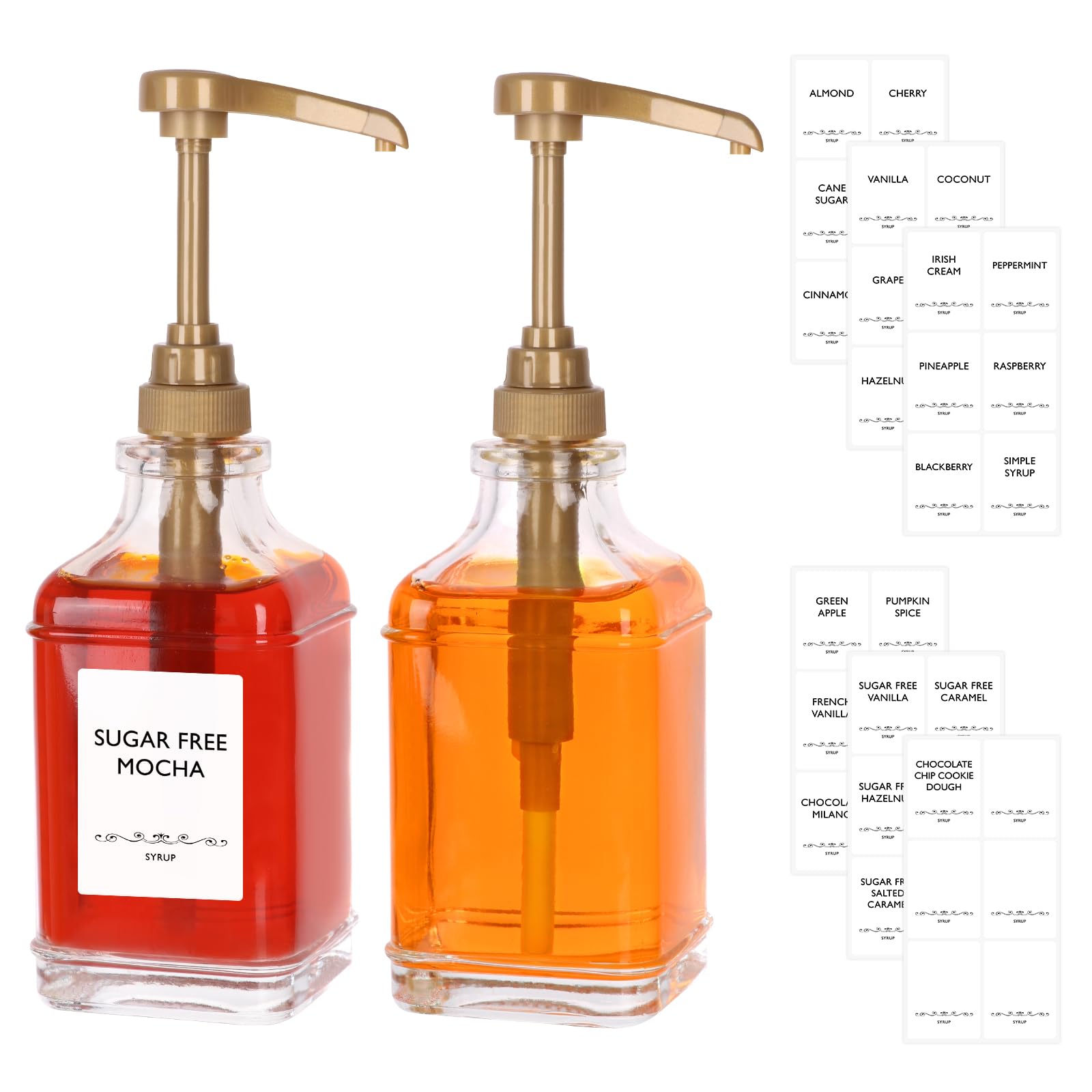 SZUAH 16oz Coffee Syrup Dispensers for Coffee Bar 2Pack, 480ml Glass Syrup Dispensers with Pumps and Stickers for Ketchup,Water and Lotion