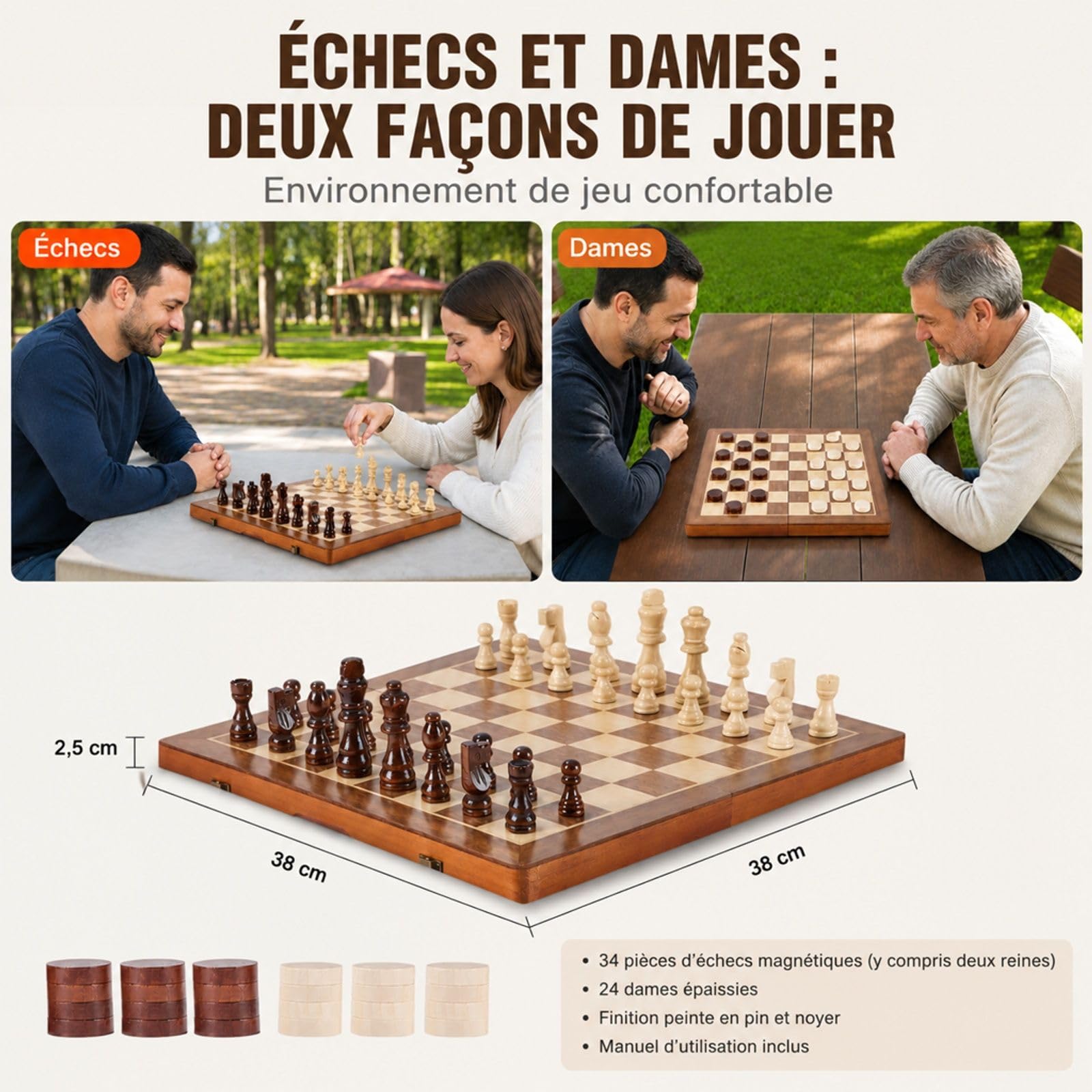 Jeu d'échecs magnétique en Bois, Ensemble 2 en 1 échecs et Dames, échiquier Pliable pour Voyage et soirée Jeux