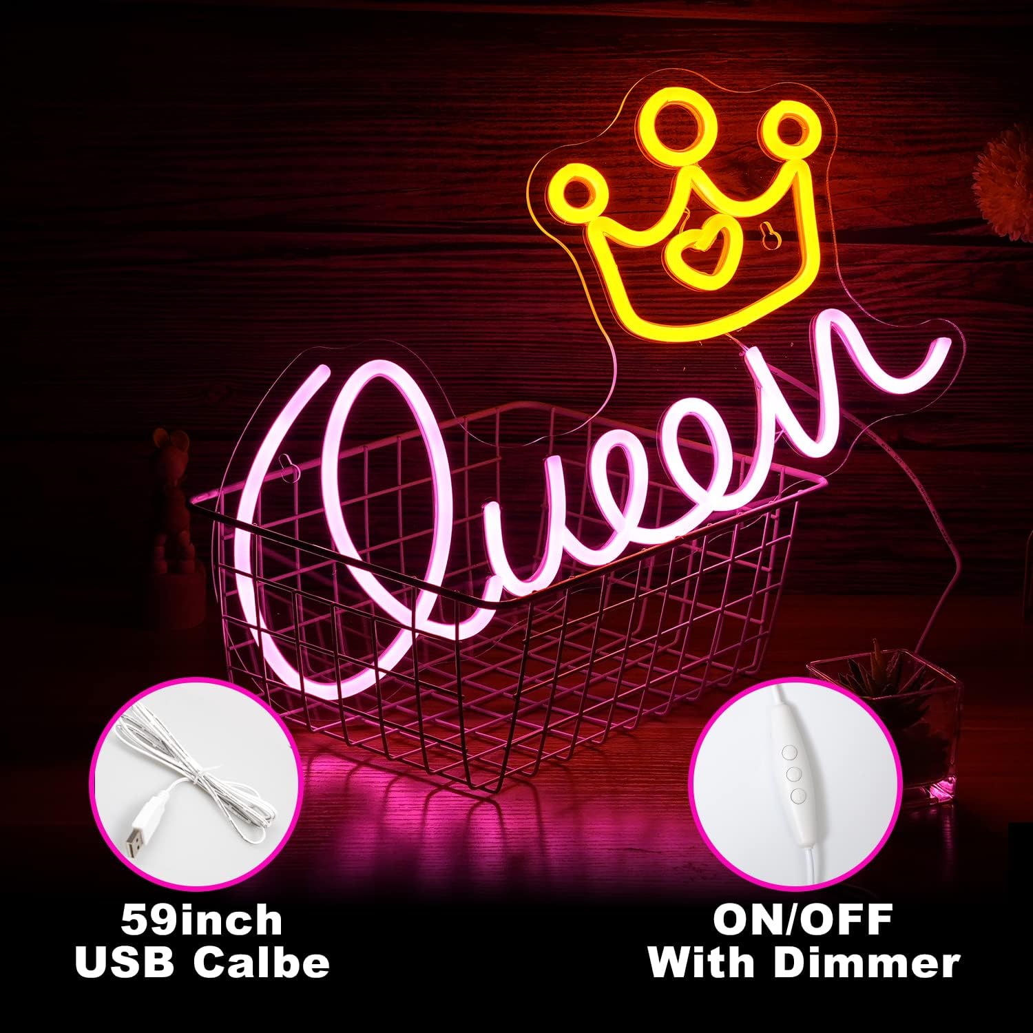 Queen Neon Sign Crown Neon Lights Dimmable USB Powered 16.5’’X9.3’’ Light Up Sign for Girls Room Birthday Party Bedroom Lady Gifts Wall Decor(Pink Yellow) - Image 3