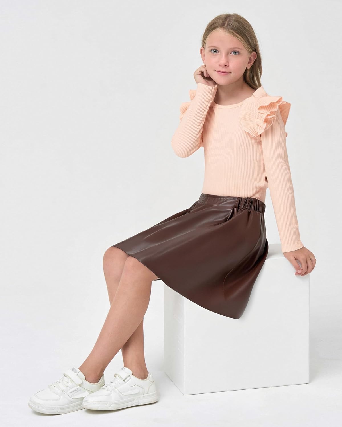 Girls Teen Clothes, Fall Winter Outfits Long Sleeve Ruffle Sleeve Top and Pleated Plaid Mini Skirt Set Size 7-14Y - Image 4