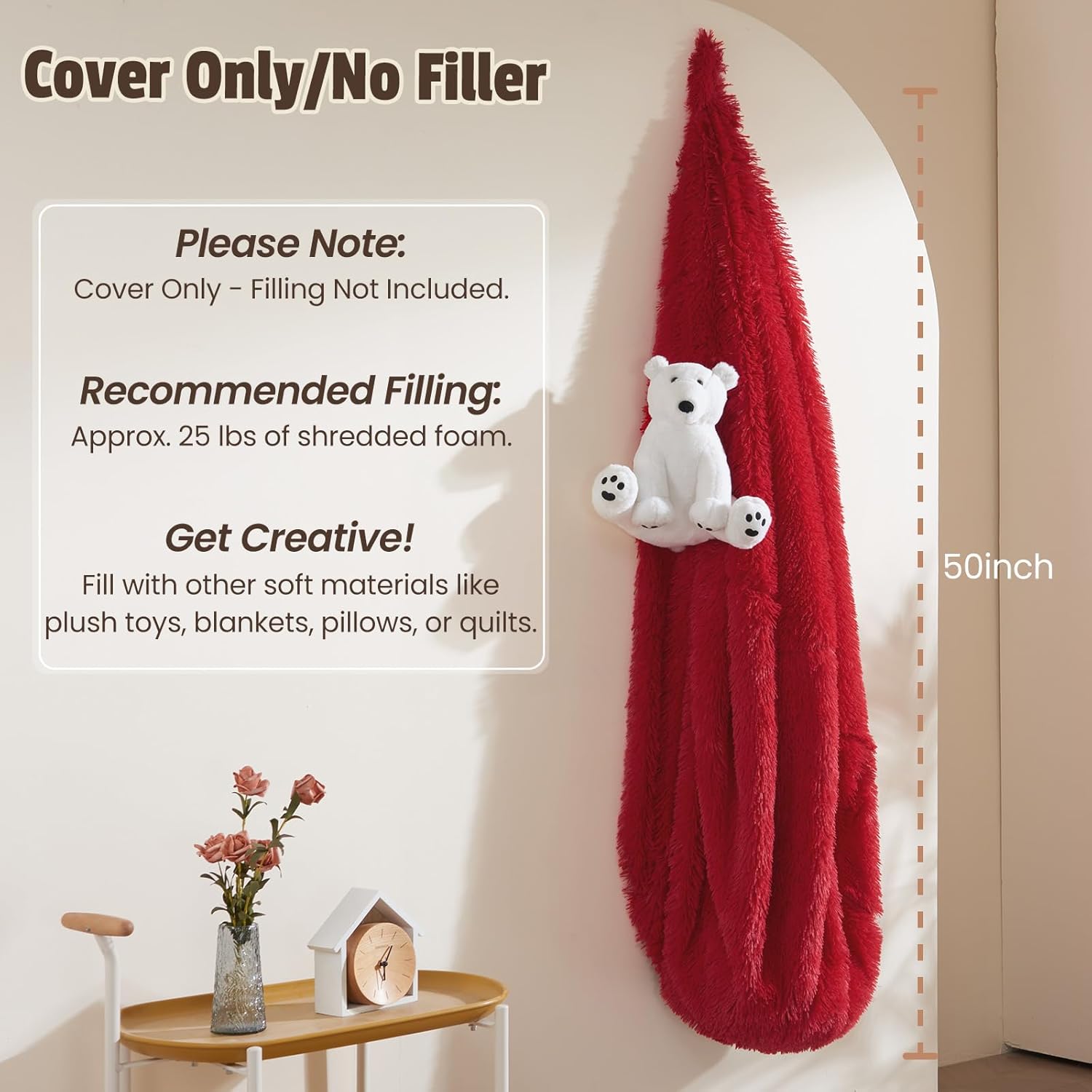 Bean Bag Cover (No Filler), Soft Faux Fur Stuffed Animal Bean Bag Storage, Fluffy Plush Bean Bag Chair Cover Washable, Comfy Bean Bag Covers for Adults Kids Teens, 38"x40" Red