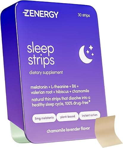 ZENERGY Tiras orales para dormir, sabor manzanilla y lavanda, 5 mg de melatonina + 20 mg de L-teanina + 100% vitamina B6 + botánicos  0 azúcar, 0