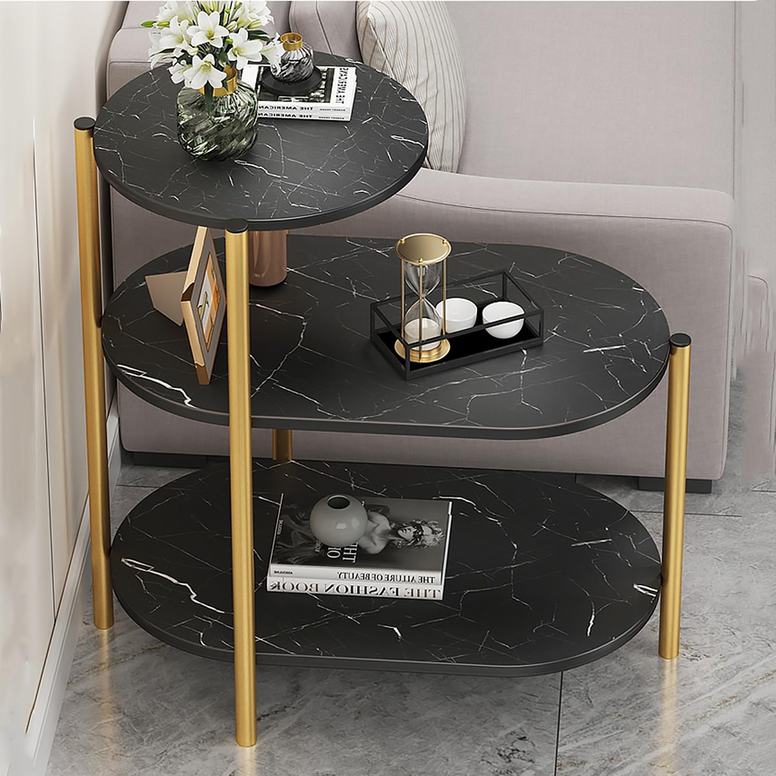 Amazon｜軽量 サイドテーブル 3段 大理石柄 おしゃれ 北欧 黒 白  
