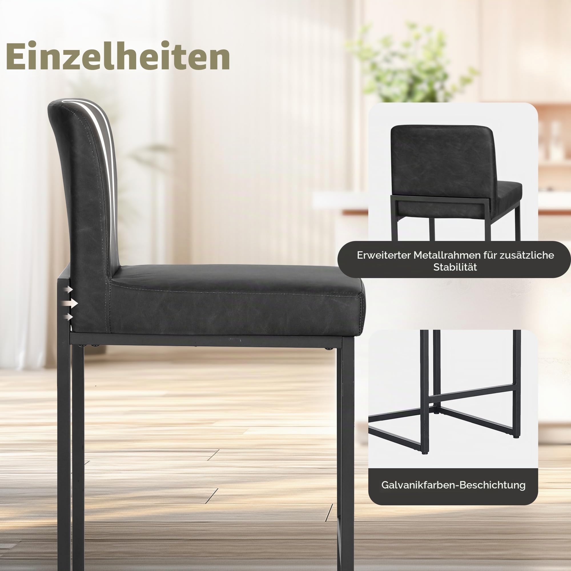 ALPHA HOME Barhocker 2er Set mit Lehne Pu-Leder Küchenhocker, Schwarz