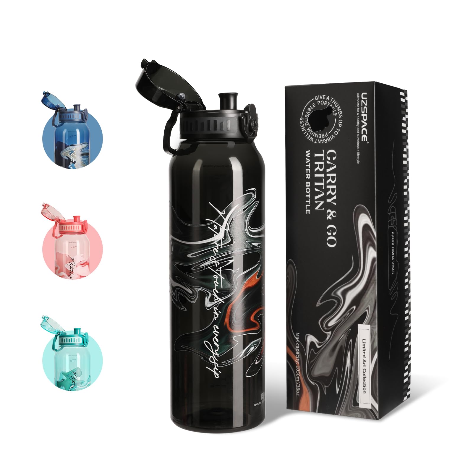 UZSPACE Water Bottle 1l (1050ml) with Handle - BPA Free Drinking Bottles for Adults - ArtisticPrint Water Bottle - Leakproof Gym Bottles - Ideal for Sports or Fitness & Outdoors Black