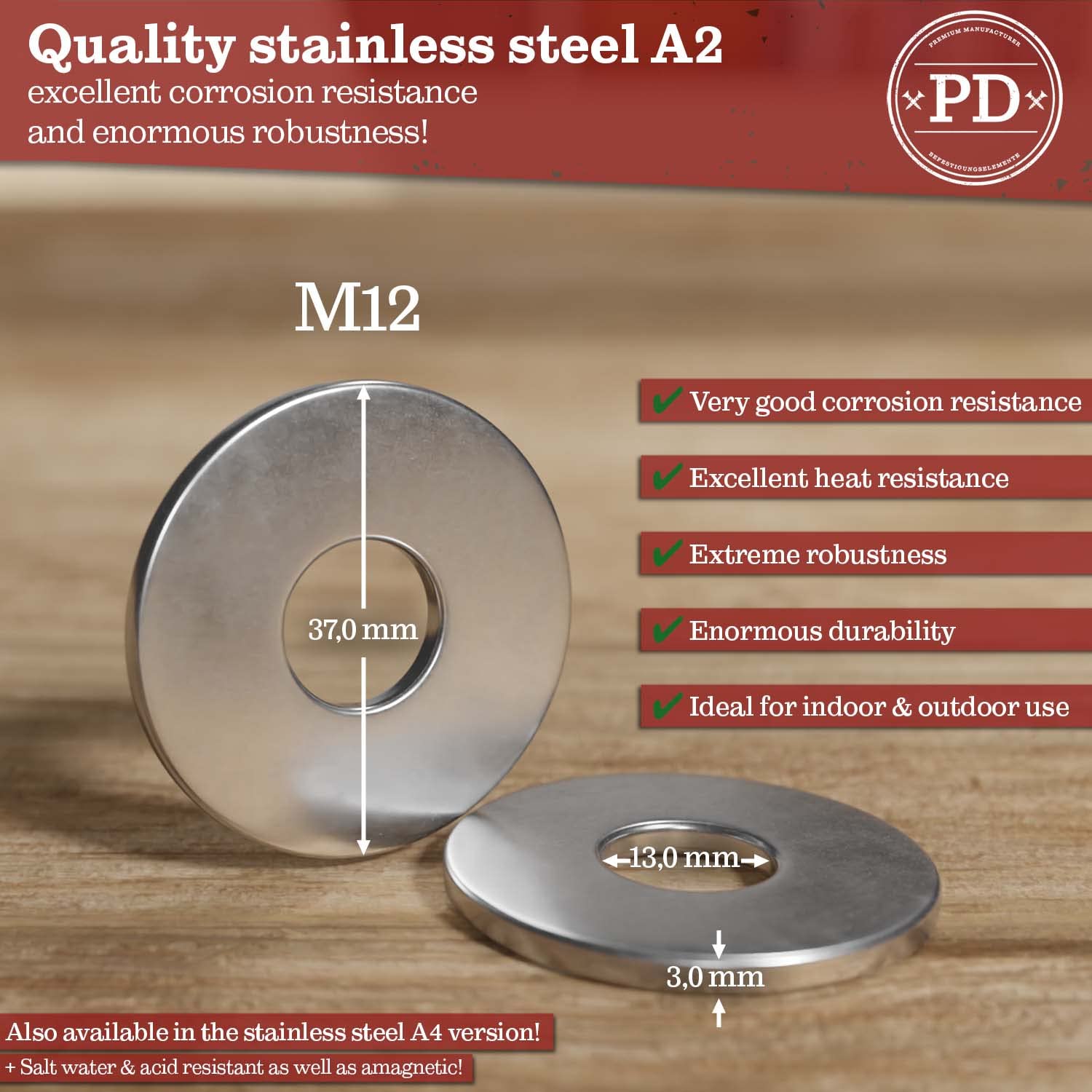 PD® Arandelas M12 de Acero Inoxidable A2 V2A (DIN 9021 / ISO 7093) | Calas de Gran Diámetro Exterior | 50 Piezas