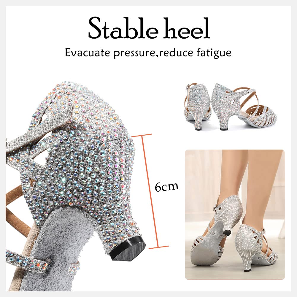 HIPPOSEUS Scarpe da Ballo Latino Argento Salsa con Strass Donna Scarpe da Ballo da Sala Bachata Danza al Coperto Tacco 6 cm L380,36 EU