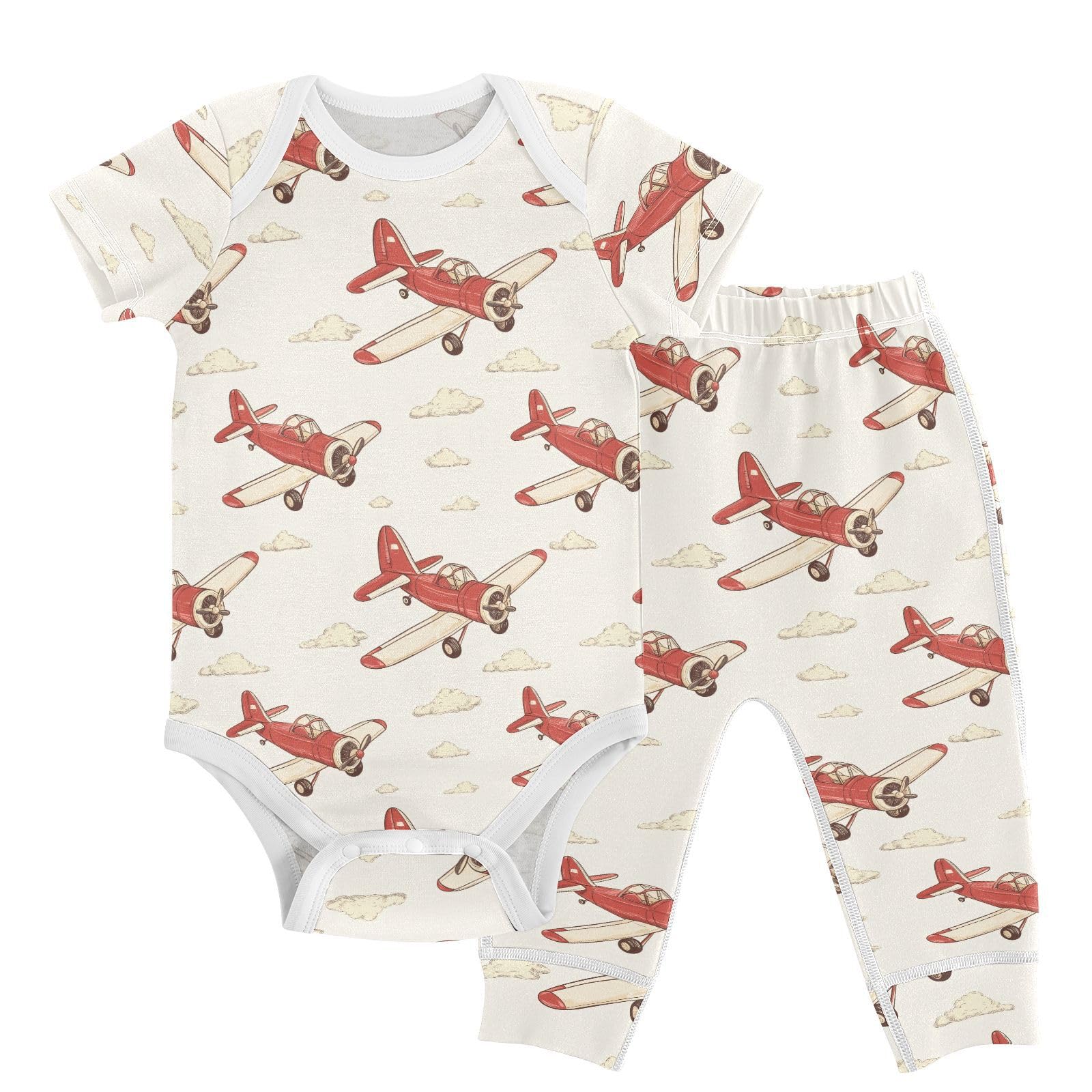 vvfelixl Cartoon Vintage Aircraft Baby Bodysuits Set,Baby Layette Sets Unisex Short Sleeve Babys Pants Sets 6-9M