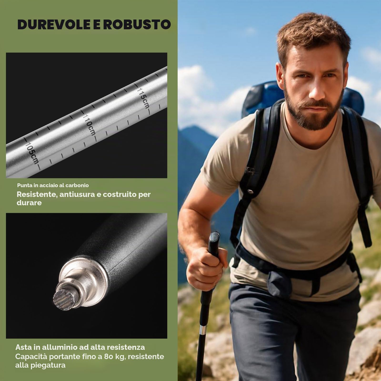 Bastoni da Trekking Pieghevoli, Bastoncini Trekking in 6061 Alluminio Telescopici 62-135cm Leggero con Manico in EVA, per Nordic Walking Montagna Escursioni Sci