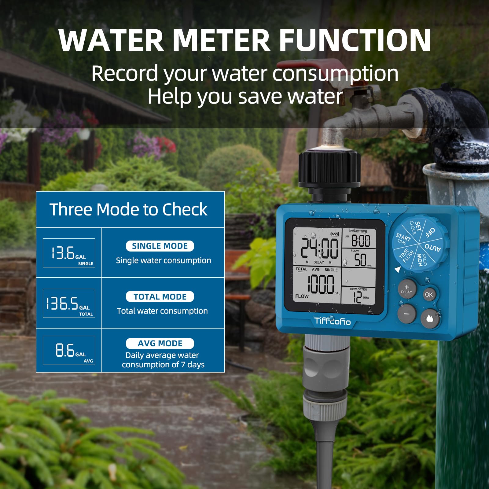 TiFFCOFiO Timer programmabile per controllo del volume dell'acqua, timer per tubo flessibile con contatore dell'acqua, irrigazione automatica e manuale per irrigazione, giardino e sistema a goccia