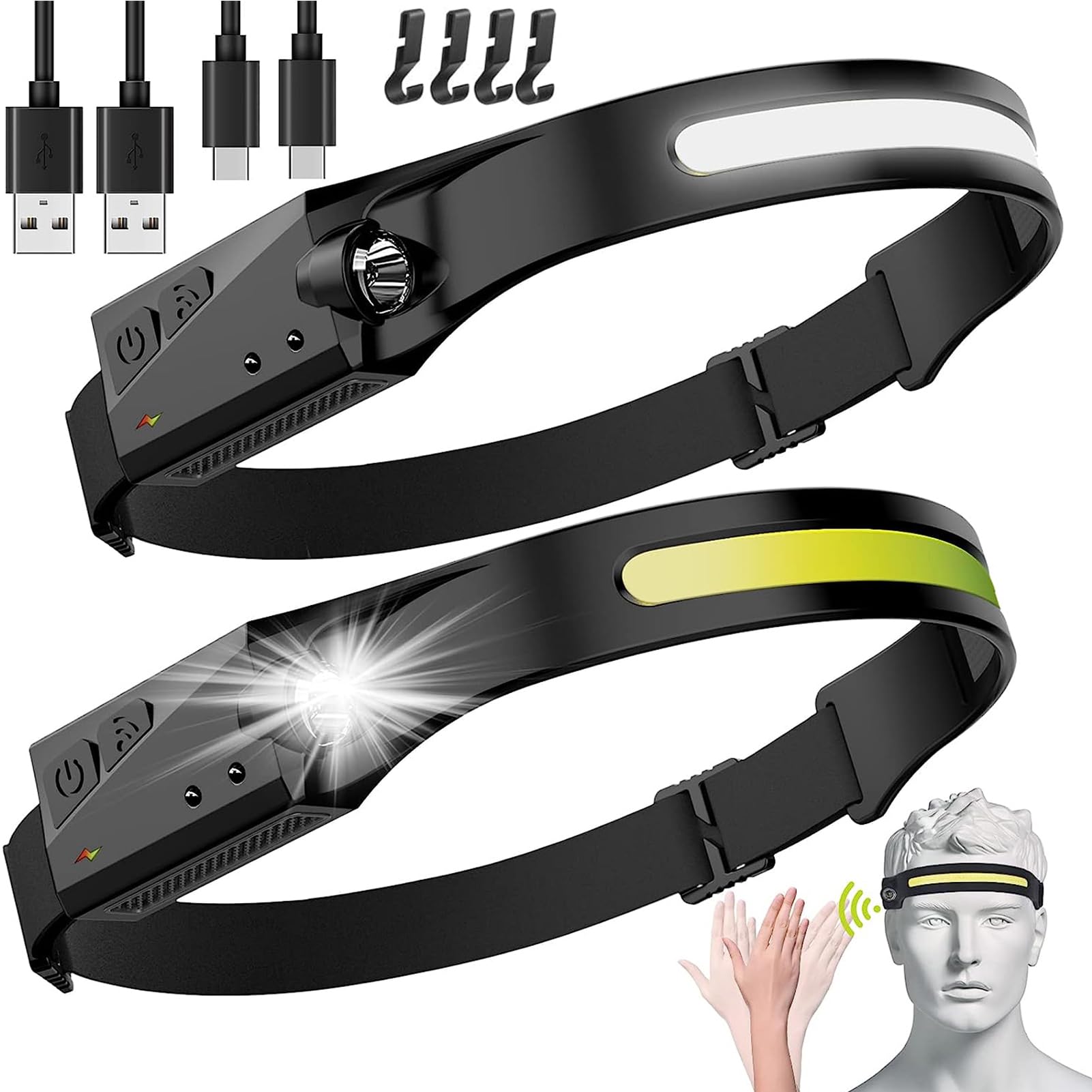 YHOME Rechargeable Headlamp 2 PCS, 230° Wide Beam Head Lamp,Type-C USB Charging Headlamps with Sensor,Adjustable Headband for Waterproof Head Light Flashlight for Hiking,Running,Fishing,Cycling