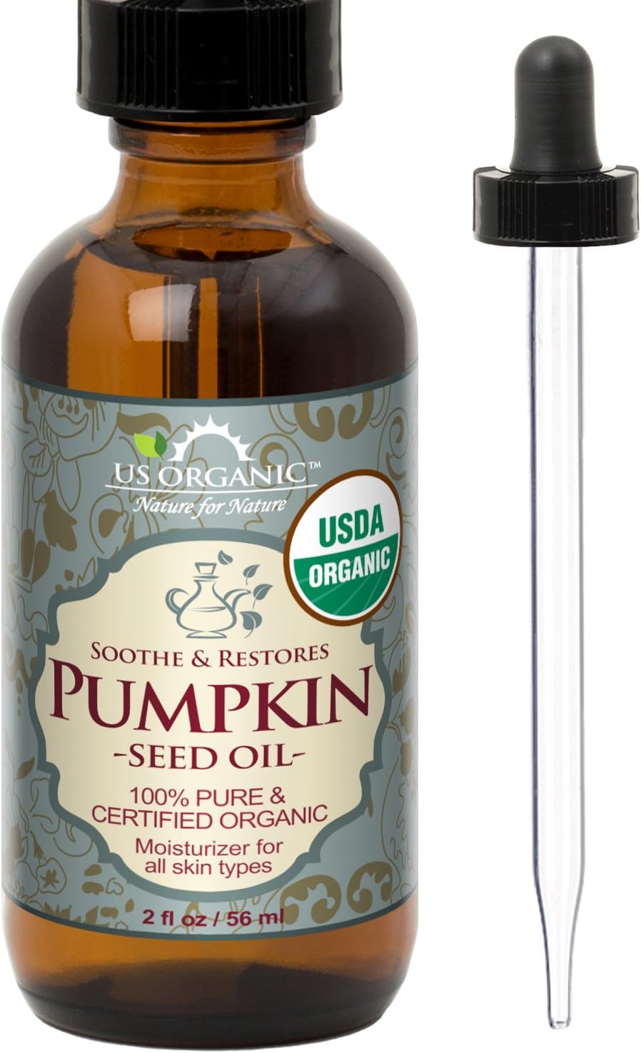 Pumpkin Seed Oil, USDA Certified Organic, Pure, Natural, Cold Pressed Virgin, Unrefined in Amber Glass Bottle w/Glass Eyedropper (Small (2 oz, 56 ml))