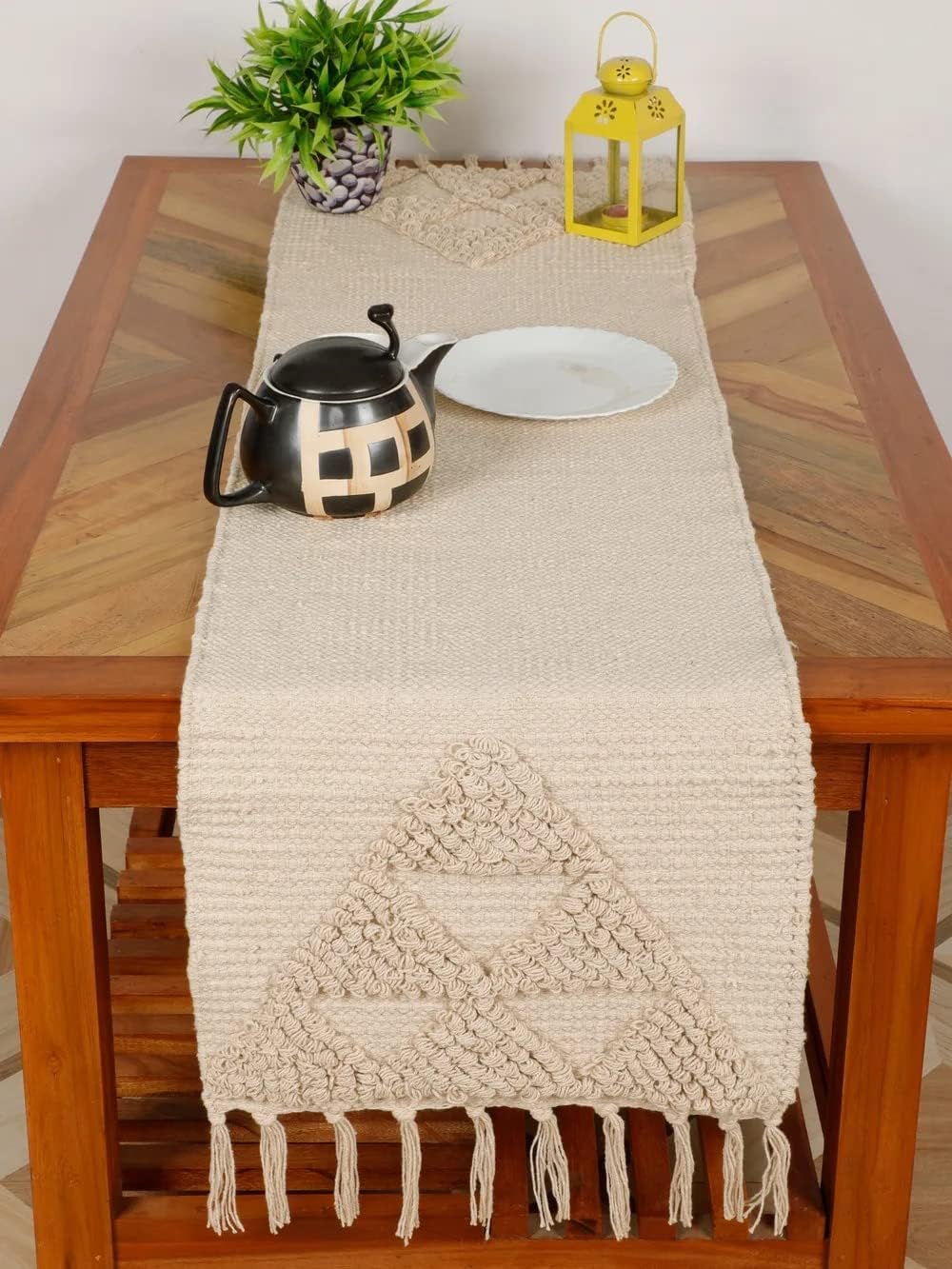 pepme Knitted Tufted Table Runner Triangles, Tassles, Off-White, 14x64