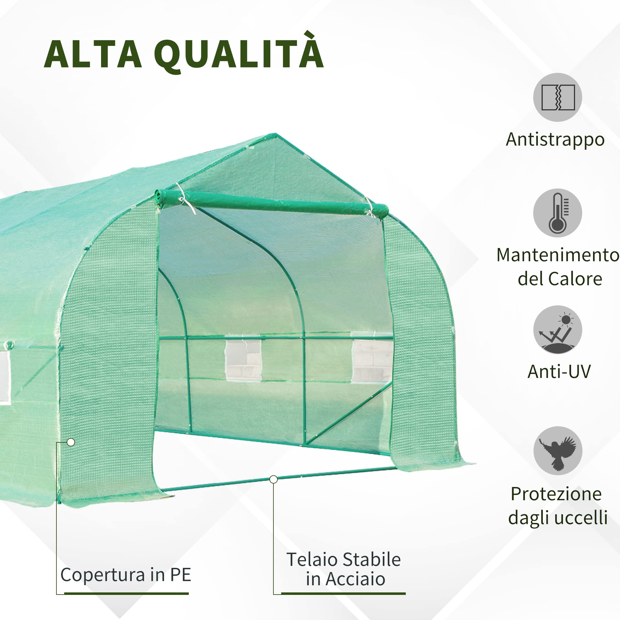 Outsunny Serra a Tunnel 6x3x2m con 8 Finestre e Porta Avvolgibile, Serra per Orto con 4 Picchetti e 4 Funi Incluse, in Acciaio e PP, Verde