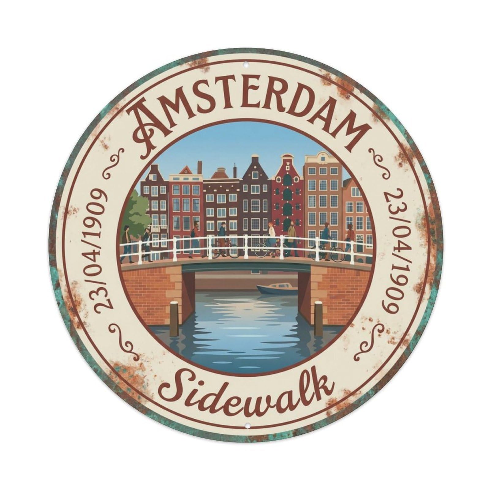 Vintage Travel Amsterdam Netherlands Footpath Metal Tin Sign