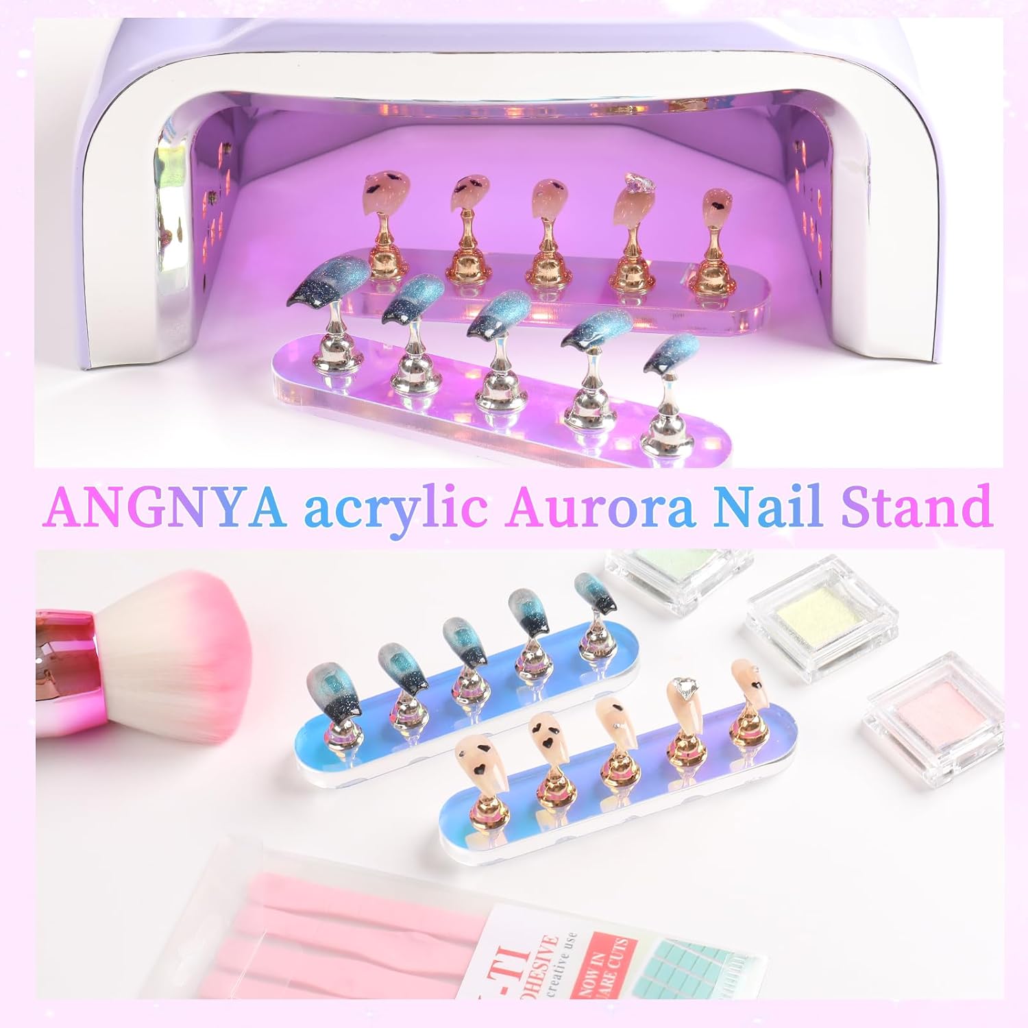 ANGNYA Nail Stand for Press on, 2 Set Aurora Nail Holder for Painting Nails Press on Nail Stands with 96 Pcs Reuseable Mounting Tapes for Nail Art Display Home & Salon Use