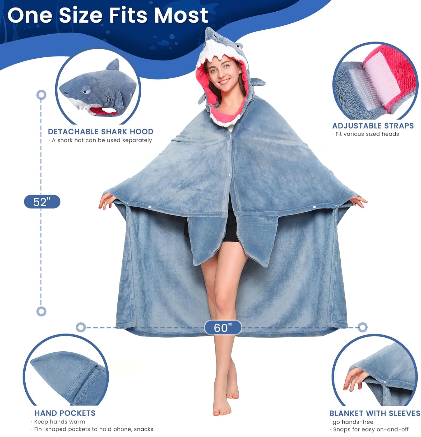 Shark Wearable Blanket Hoodie for Women and Kids, With Premium Soft Cozy Flannel, Detachable Head, Funny & Versatile Throw Wrap With Easy Movement, Shark Gifts for Adults,Oversized