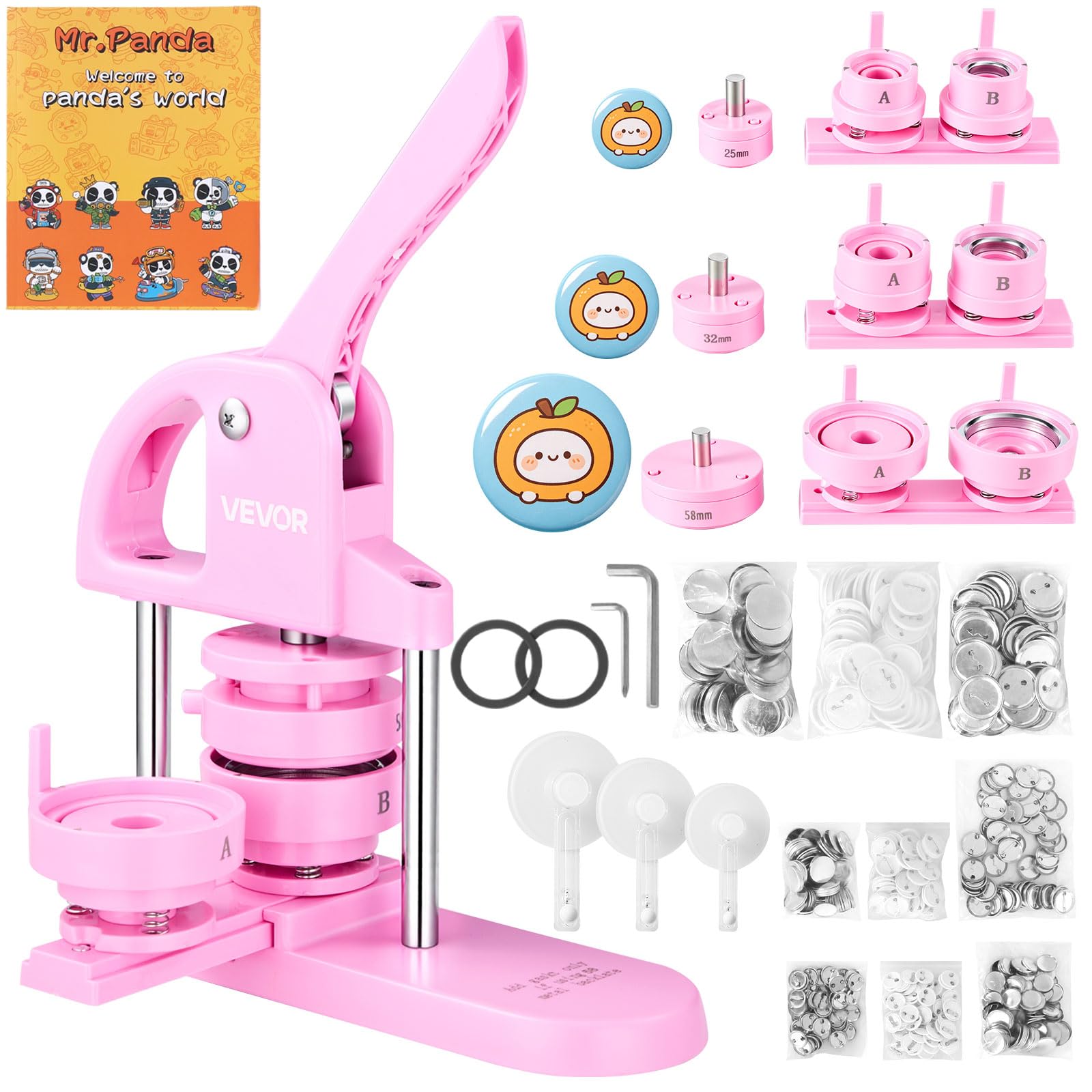 VEVOR 3-in-1 Button Maker - 25/32/58mm (1/1.25/2.25 inch) with 300pcs Parts, Ergonomic Arc Handle Punch, Pin Maker, DIY Gift, Pink