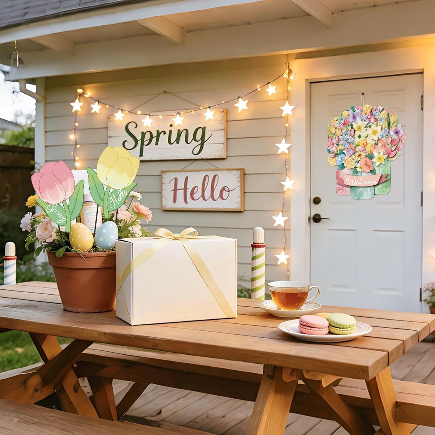 3Pcs Hello Spring Welcome Flower Yard Stakes Metal Floral Outdoor Decor, 2-in-1 Decorative Tulip Flower Sign for Garden Patio Yard Wall Hanging Floral Ornaments with Rope Rustic Spring Decor